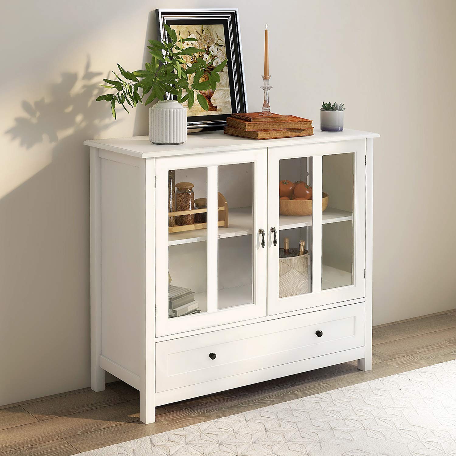 Yoluckea Sideboard Buffet Storage Cabinet - Modern Kitchen Cabinet with Glass Doors, White Liquor Cabinet for Dining Room & Home Bar - Perfect for Kitchen Organization, Wine Display & Dining Room Storage