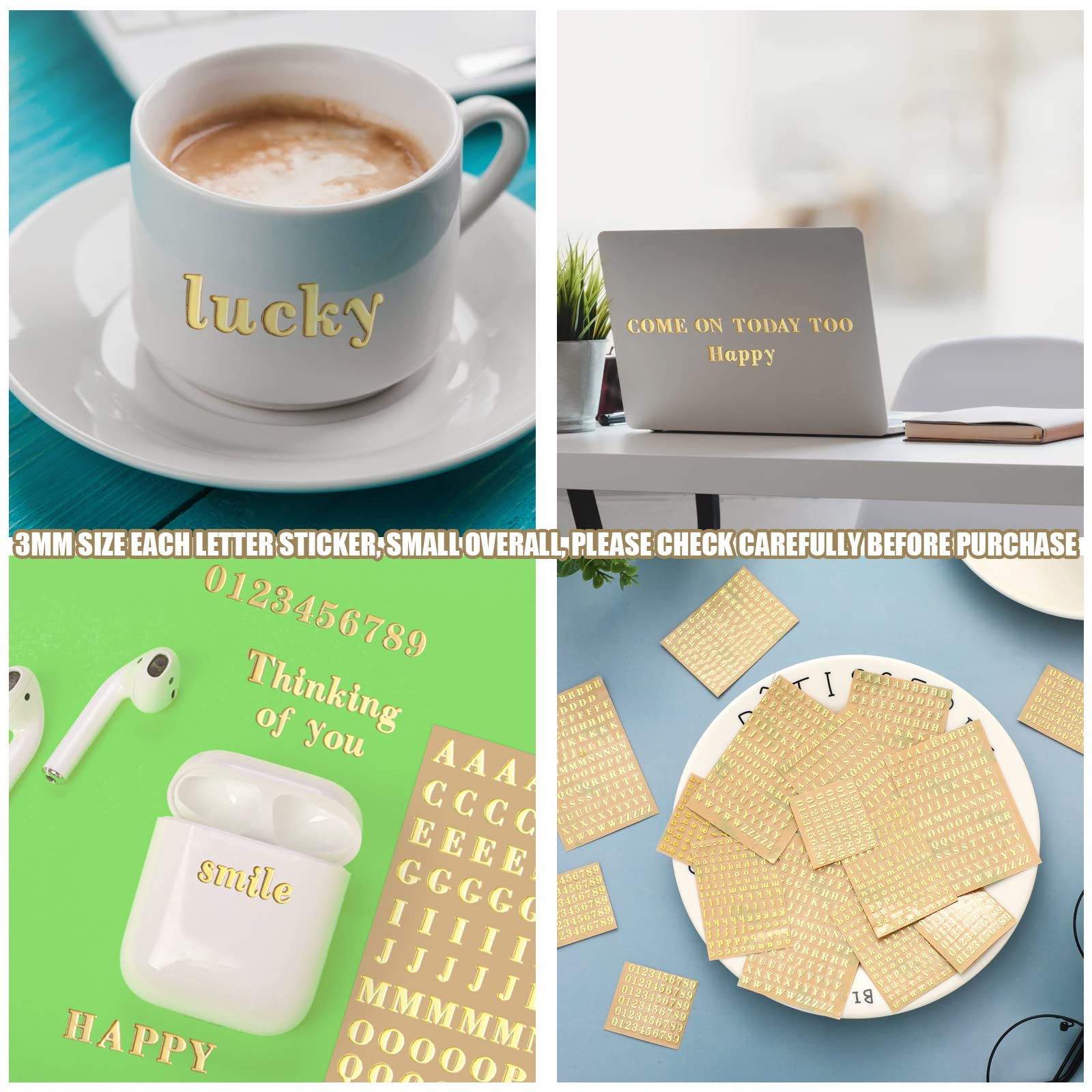 Marspark 18 Sheets Small Letter Stickers - 3mm Gold Alphabet & Number Stickers | Modern Metallic Waterproof Decorative Decals for Scrapbooking, DIY Crafts, Laptop Decoration, Backpack Customization, Furniture Design & Phone Accessories - Perfect for Journals, Planners, Gift Wrapping & Home Decor
