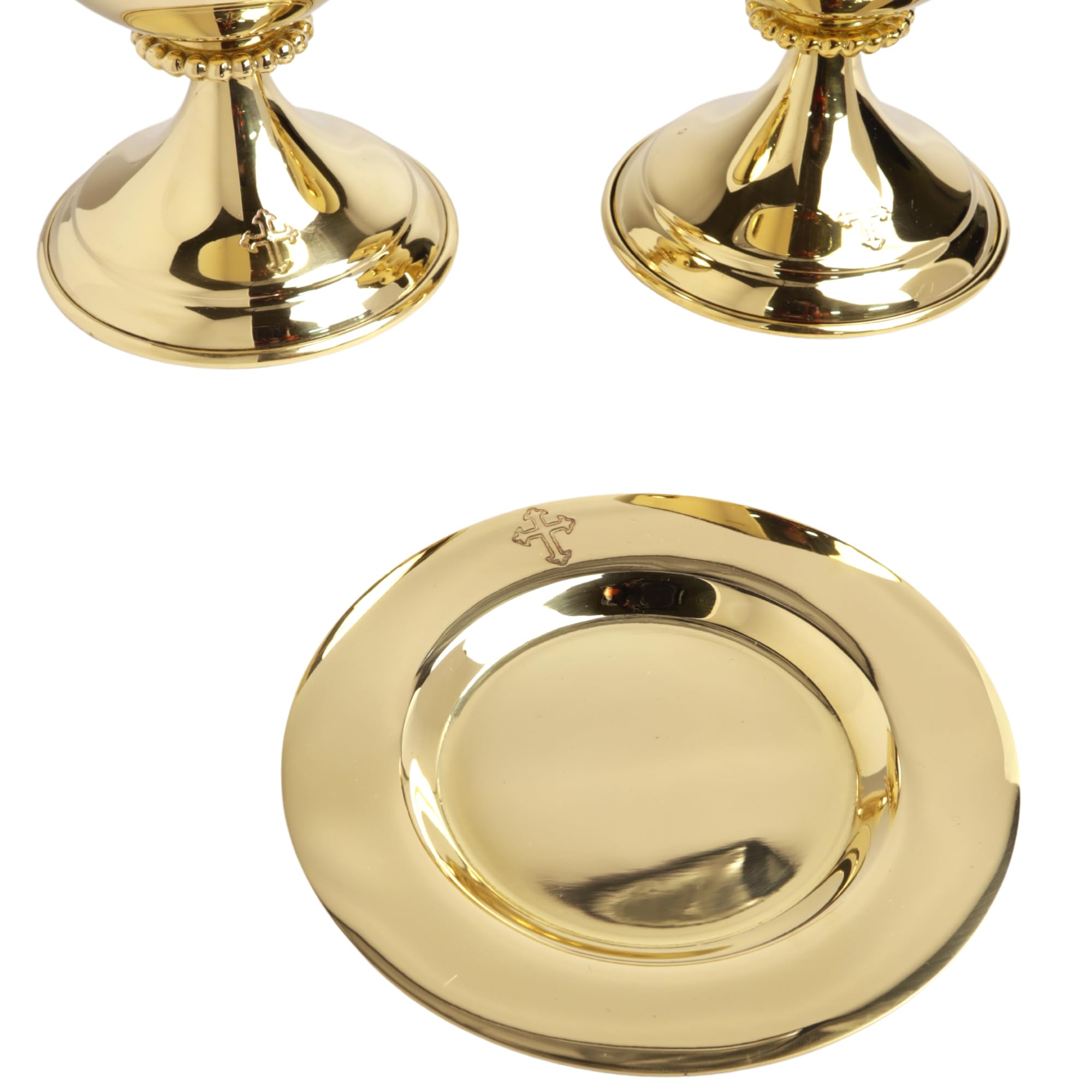 Needzo High Polished Brass Chalice, Paten and Ciborium Set - 5.75 Inch Catholic Church Communion Supplies for Holy Eucharist, Mass Celebrations & Religious Ceremonies