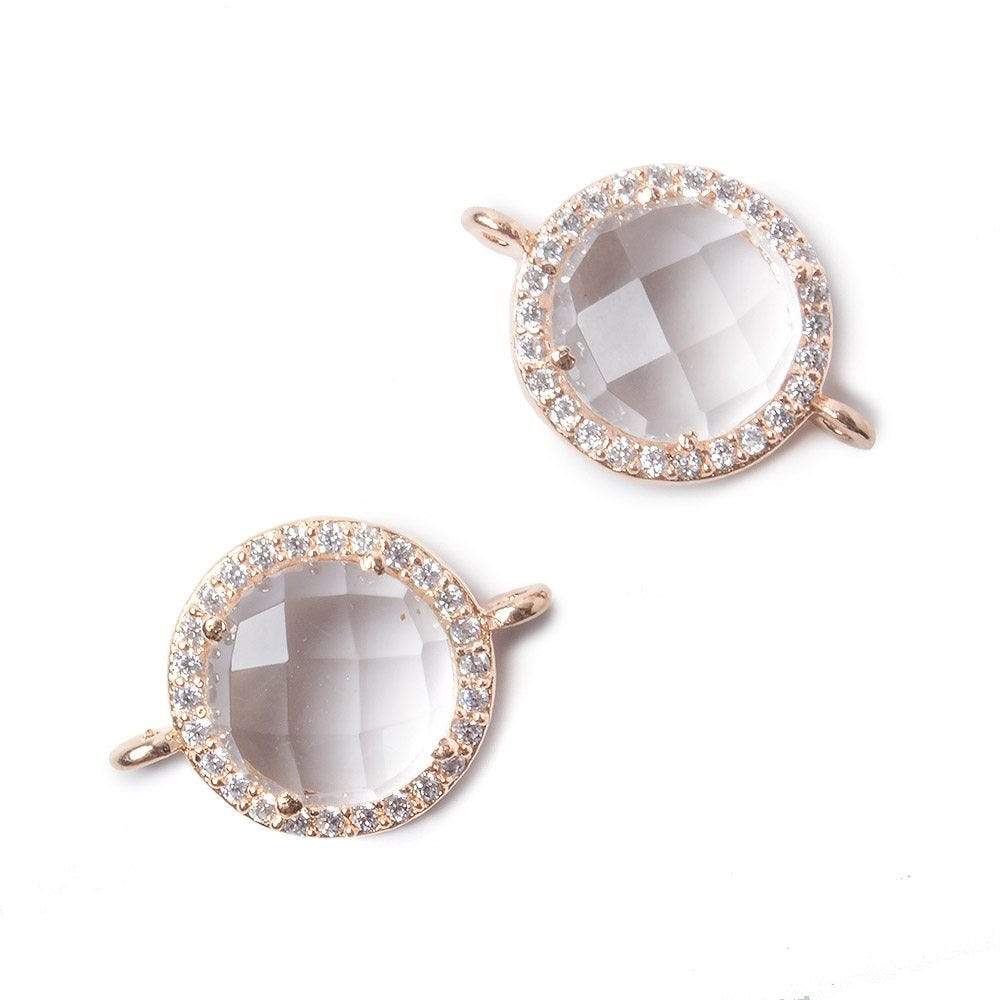 13mm Rose Gold Bezel White CZ & Crystal Quartz Coin Connector Bead - Elegant Jewelry Making Supplies for Necklaces, Bracelets & DIY Crafts