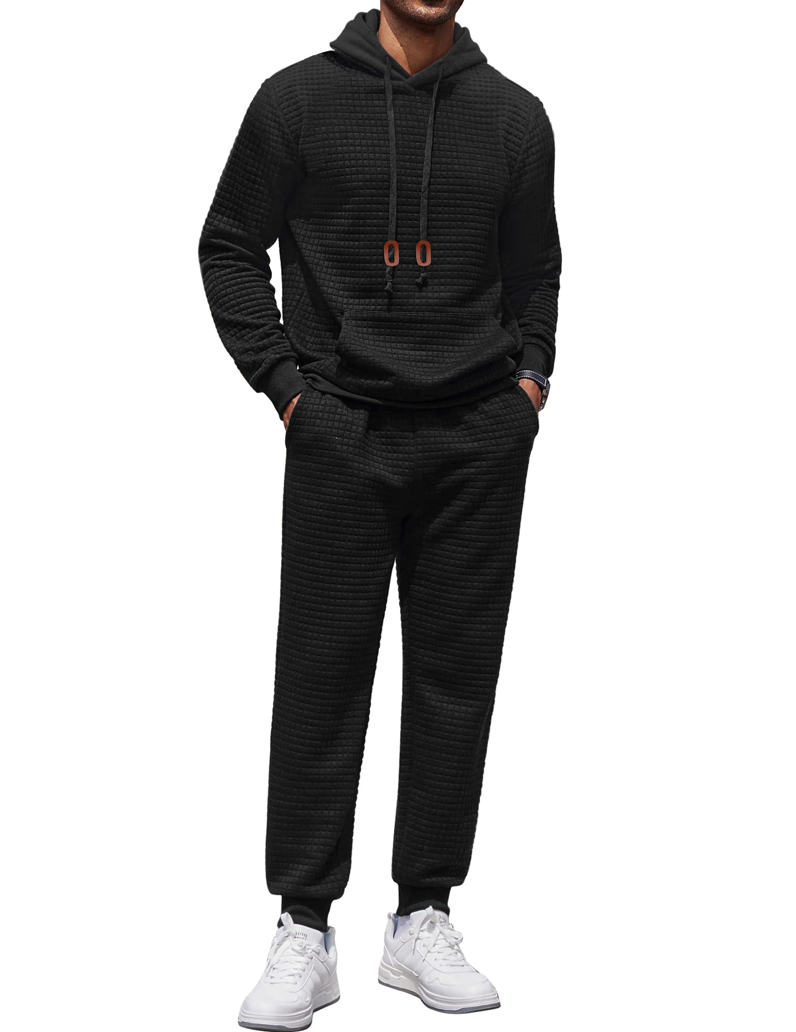 COOFANDY Men's 2 Piece Tracksuit Set - Hoodie & Jogger Sweatsuit, Waffle Plaid Jacquard Design for Casual Wear, Gym & Running | Athletic Outfit for Men's Streetwear & Lounge