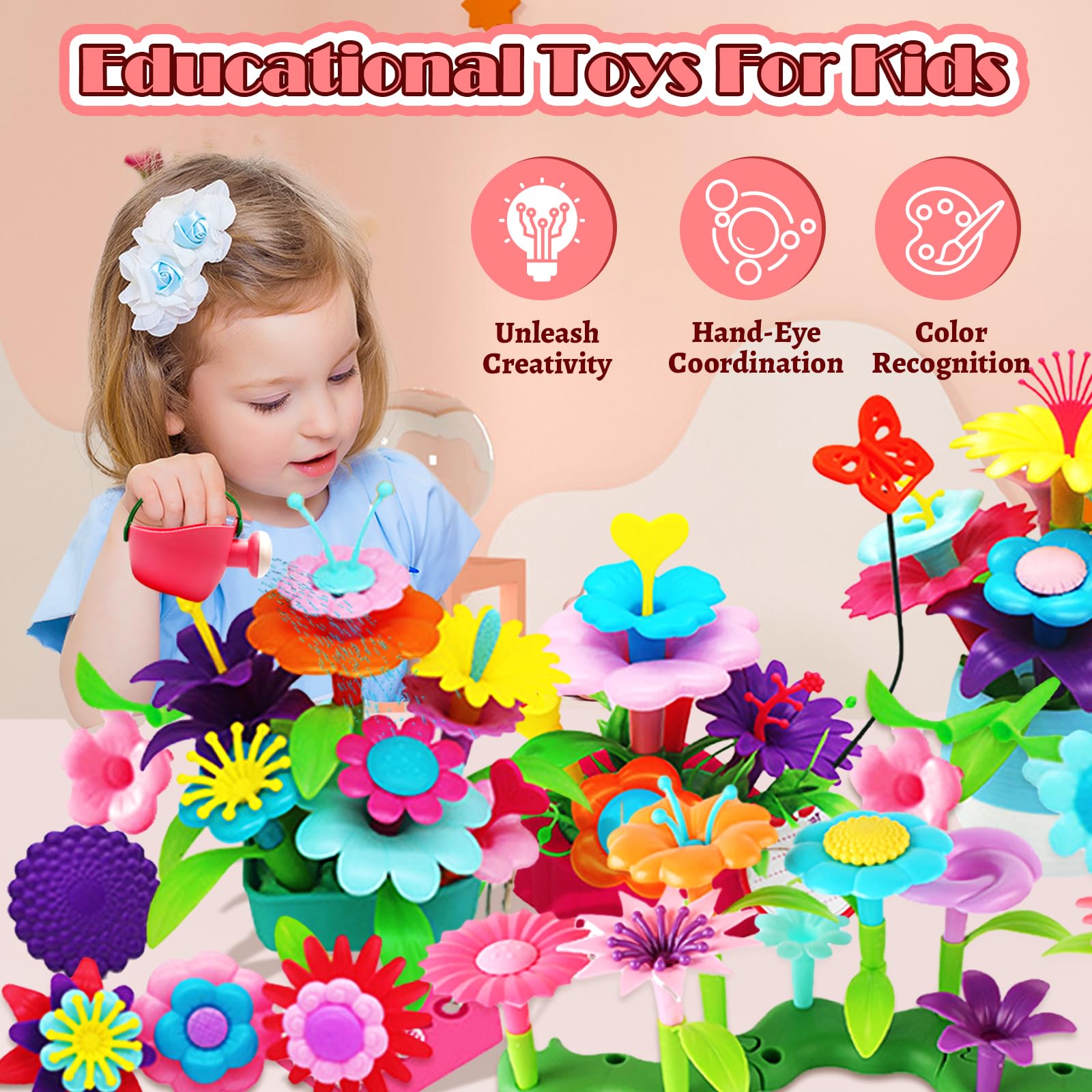 FUNZBO Flower Garden Building Toys Set - STEM Montessori Educational Sorting & Stacking Toy for Toddlers Age 2-6, Perfect Easter & Birthday Gift for Girls | Creative Spring Gardening Play for Preschool Learning