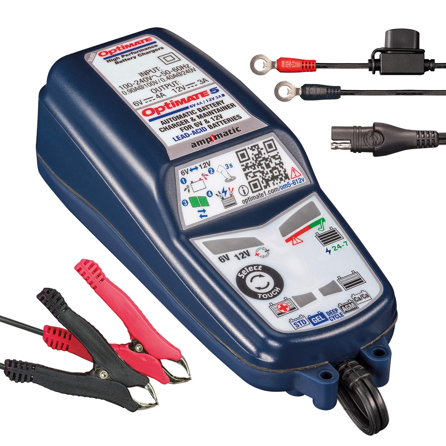 Tecmate Optimate 5 Select TM-321 Silver Series 8-Step Battery Charger - 6V 4A / 12V 3A Sealed Battery Maintainer & Desulfator for Motorcycle, ATV, Boat & RV - Perfect for Winter Storage & Long-Term Battery Care