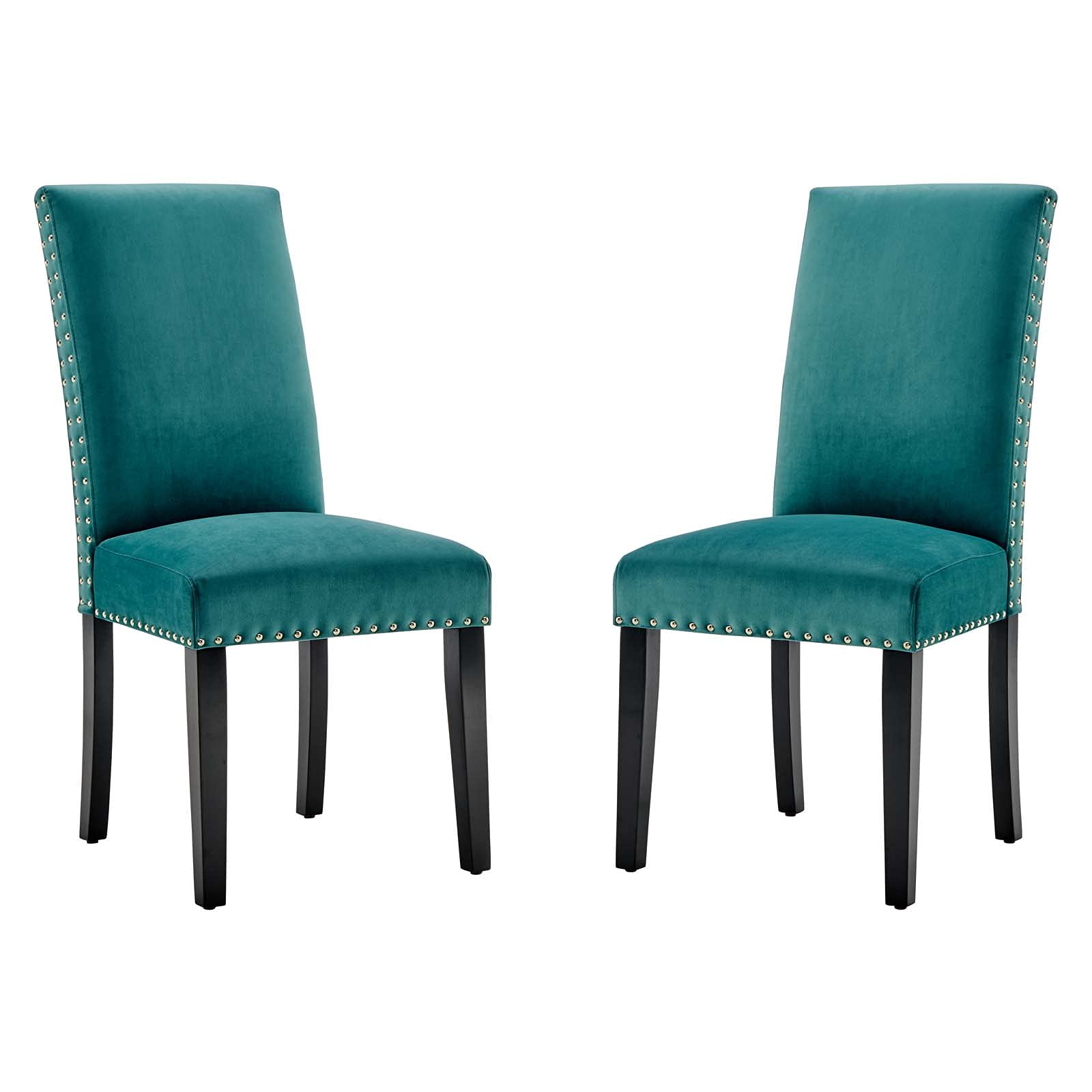 Modern Velvet Dining Chairs Set of 2 - Teal Blue Upholstered Side Chairs with Wooden Legs for Cafe, Bistro, Restaurant & Home Decor | Contemporary Kitchen & Dining Room Seating