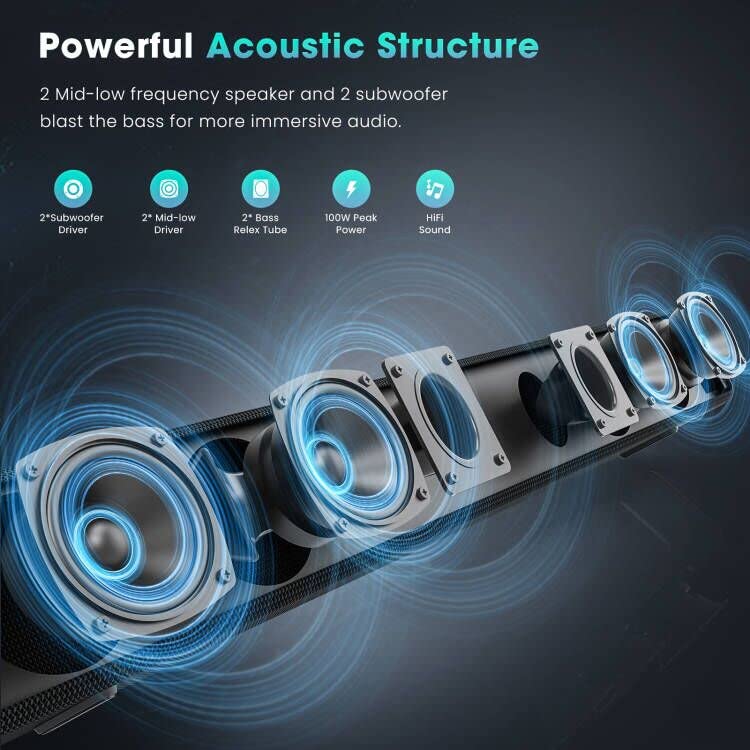 Bestisan 100W 32-Inch 2.1 Channel Bluetooth 5.0 Soundbar with Built-in Dual Subwoofer - HDMI ARC, 3 Audio Modes (Movie/Music/Dialog) - Enhanced TV Audio for Home Theater, Gaming & Streaming (2022 Model)