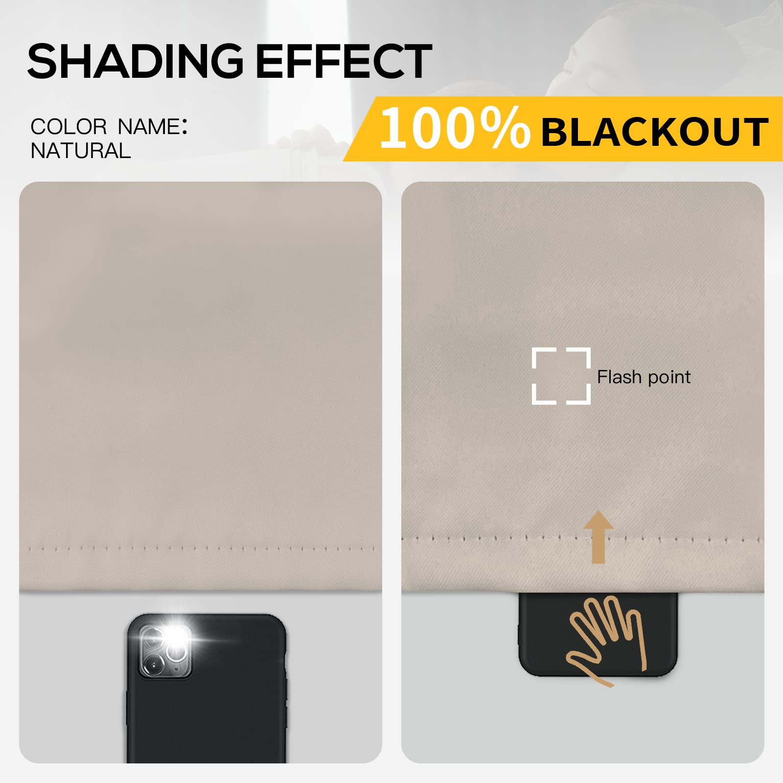 Yakamok 100% Blackout Curtains for Bedroom & Living Room - 84 Inch Length Thermal Insulated Drapes with Black Backing, Complete Light Blocking Grommet Panels (52Wx84L, Natural, 2 Panels) - Perfect for Home Theater, Nursery & Light Sleepers