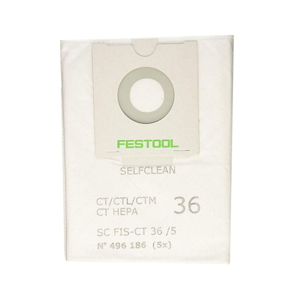 Festool 496186 Self-Cleaning Filter Bag for CT 36 Dust Extractor - 5 Pack | Perfect for Woodworking, Construction & DIY Projects