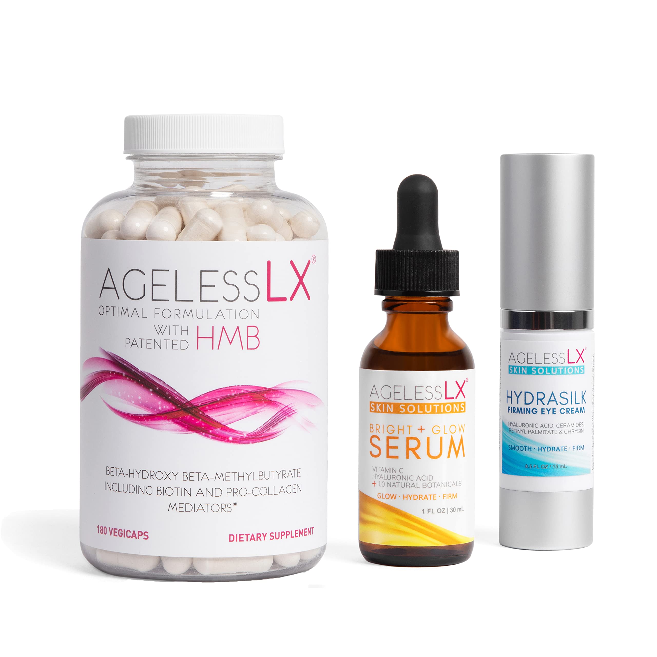Women's Health & Beauty Bundle: HMB Supplement Capsules + Hydrasilk Eye Cream (0.5oz) + Bright Glow Face Serum (1oz) - Anti-Aging, Skin Hydration & Wellness Combo for Daily Self-Care Routine