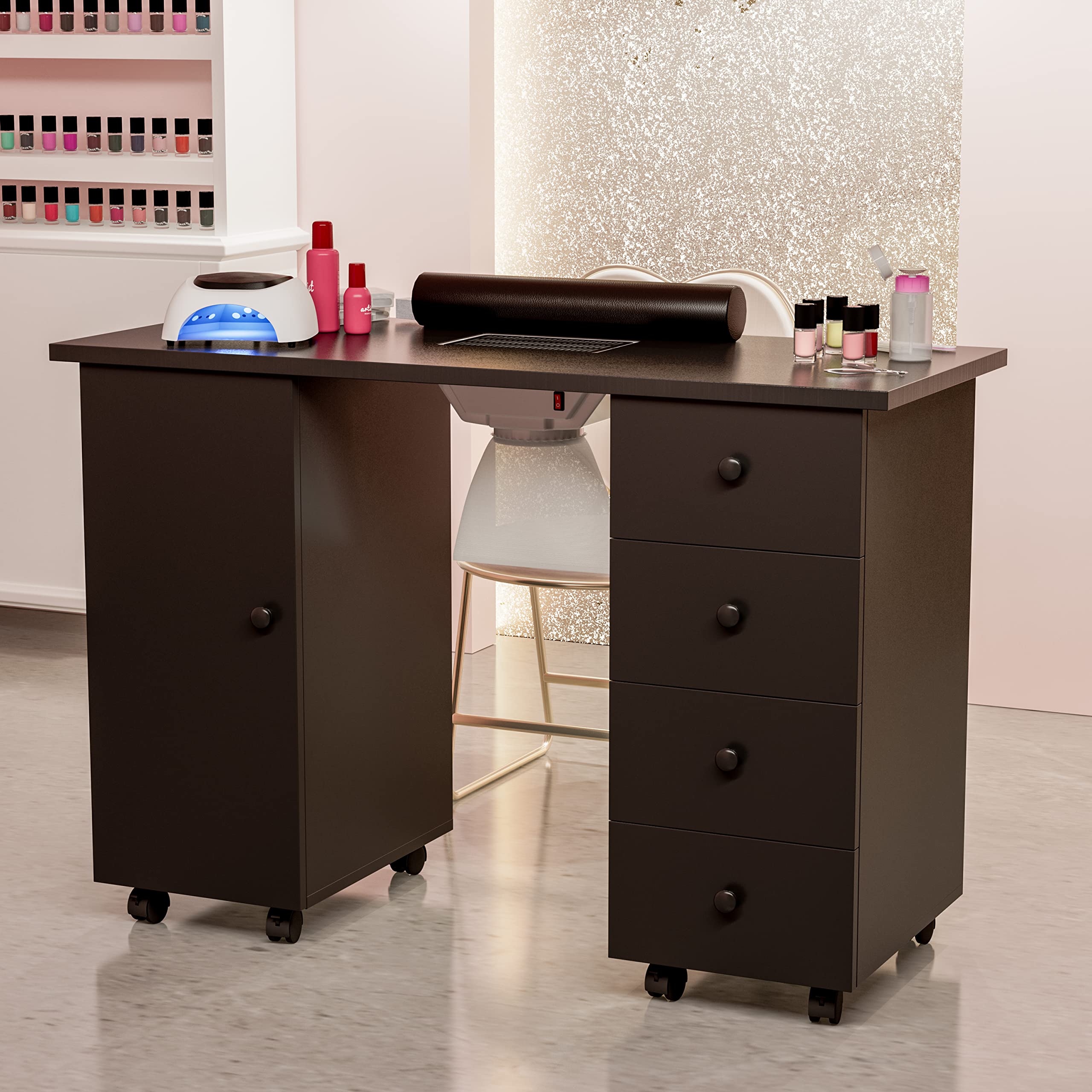 Professional Paddie Manicure Table Nail Station with Dust Collector - Portable Nail Art Desk Workstation with Lockable Wheels, Wrist Cushion & Storage Cabinet (Black) | Perfect for Salon, Spa & Home Nail Care Business