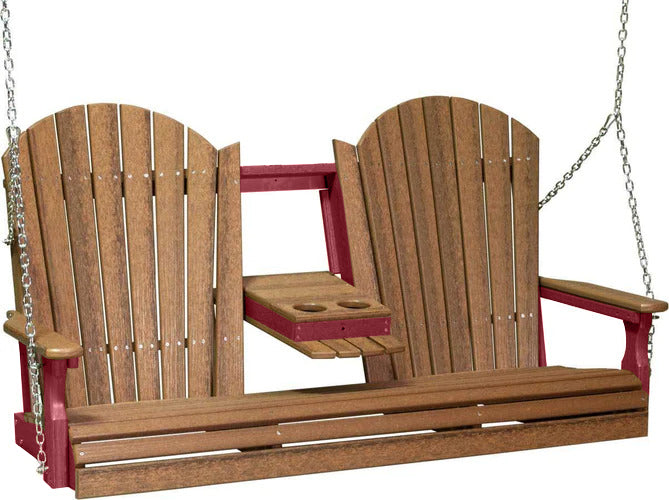 LuxCraft 5ft Antique Mahogany Adirondack Porch Swing with Cup Holder - Recycled Plastic Outdoor Furniture for Patio, Garden & Backyard Relaxation