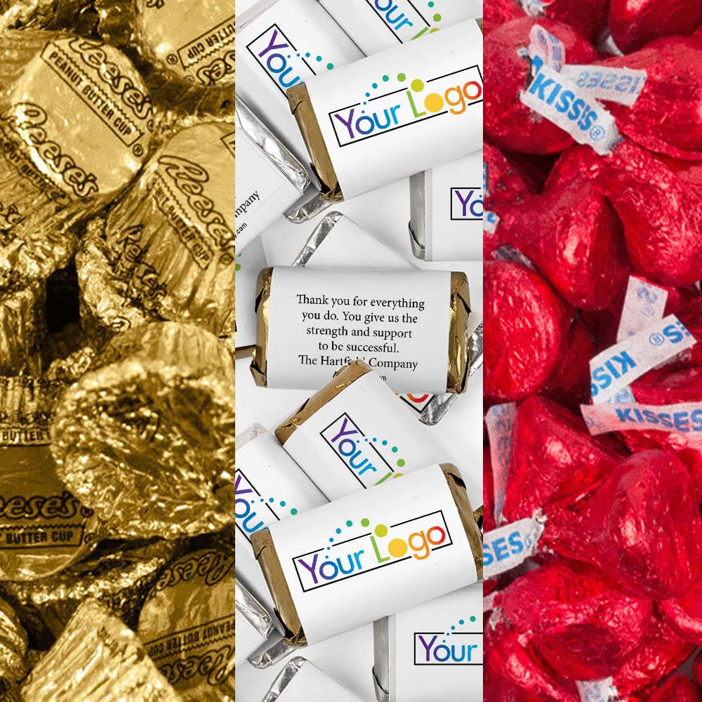 190 Pcs Bulk Custom Candy with Business Logo - Personalized Mini Chocolates, Kisses & Peanut Butter Cups for Candy Buffet, Party Favors & Corporate Gifts (Gold & Red)