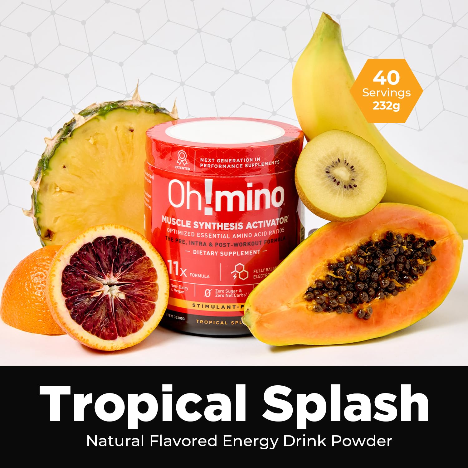 Oh!mino Amino Acids for Muscle Growth - BCAAs Powder Supplement for Pre & Post Workout, Vegan, Non-GMO, Zero Sugar & Low Carb - 40 Servings (Tropical Splash) - Ideal for Gym Training, Bodybuilding & Recovery