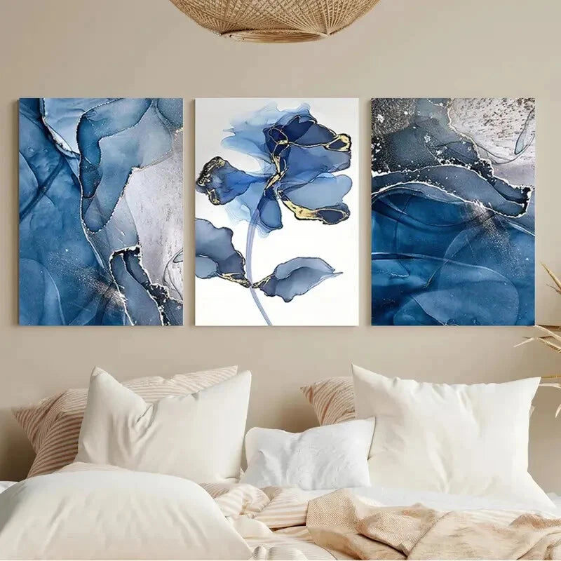 3-Piece Abstract Blue Flower with Golden Accents Metal Wall Art - Ready to Hang Modern Home Decor for Living Room, Bedroom & Office