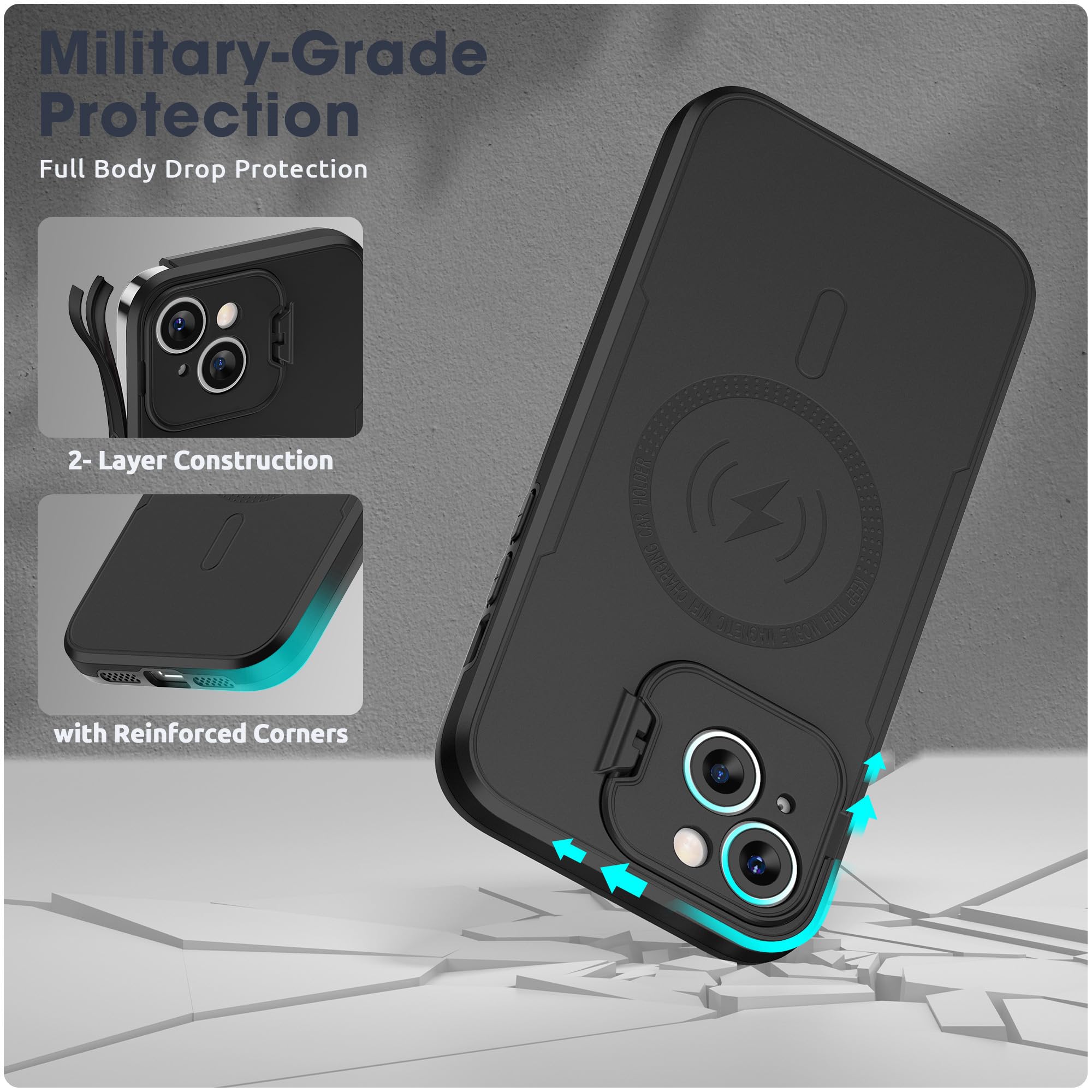 ABITKU Magnetic Shockproof Phone Case for iPhone 15 (6.1 inch) - Compatible with MagSafe & Car Holder, Built-in Camera Protector & Kickstand | Screen Protection Cover for Men & Women | Perfect for Daily Use, Travel & Outdoor Activities (Black, 2023 Model)