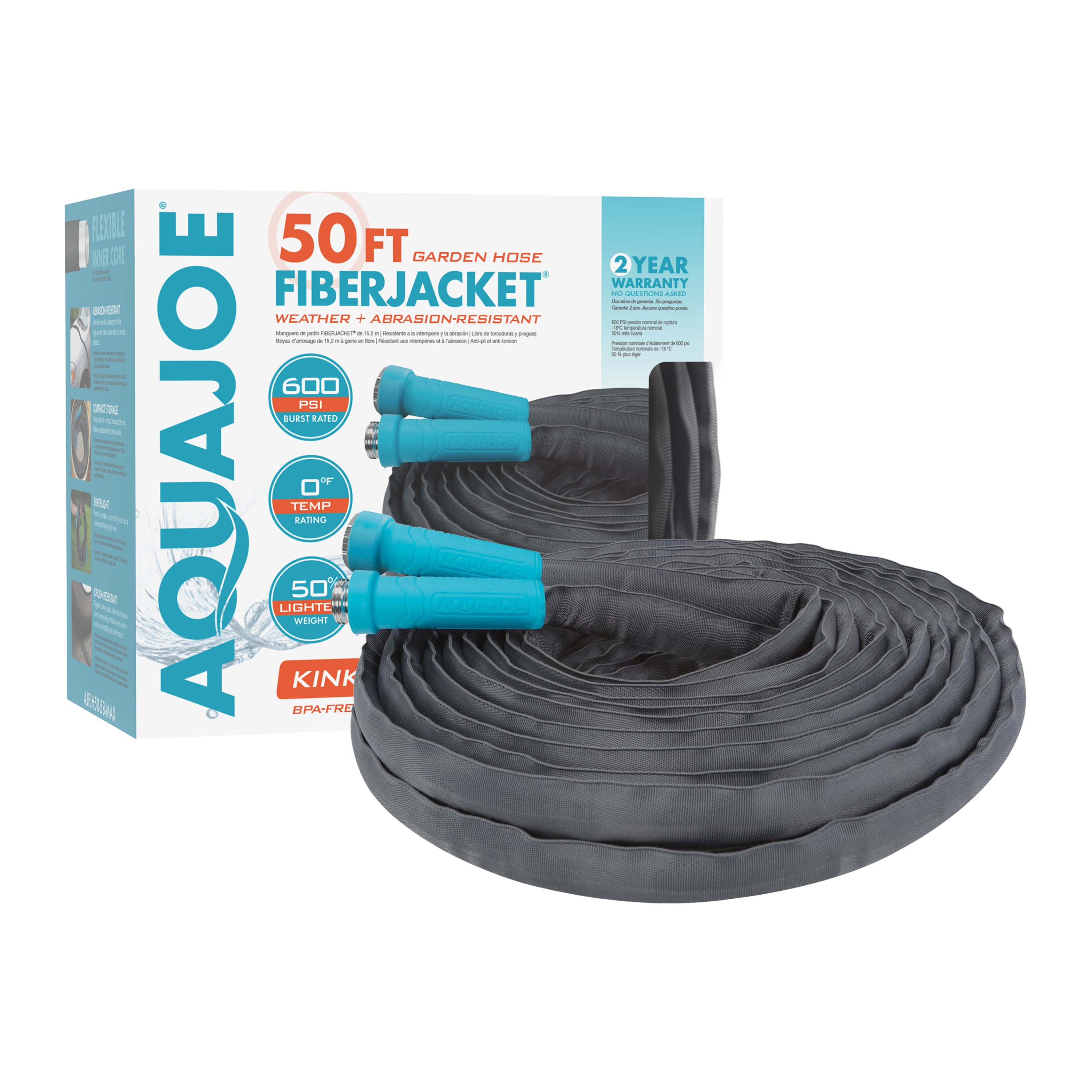 Aqua Joe Pistol Grip Hose Nozzle Bundle with 50ft Fiberjacket Hose & 2 Pack Full Metal Nozzles - Heavy Duty Water Sprayer for Garden, Lawn Care, Car Washing and Outdoor Cleaning