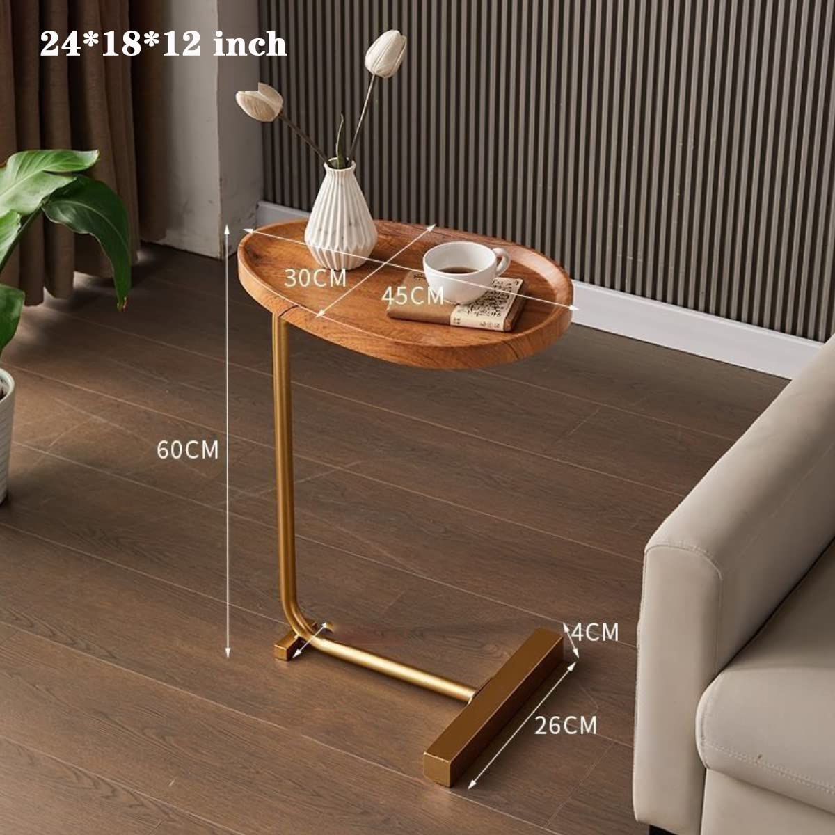 Modern Narrow Round Side End Table - 24 Inch Rustic Gold C Table for Living Room, Bedroom & Office | Slim Metal & Wood Coffee Table, Snack Tray, TV Stand | Perfect for Small Spaces, Sofa Couch & Dining Areas