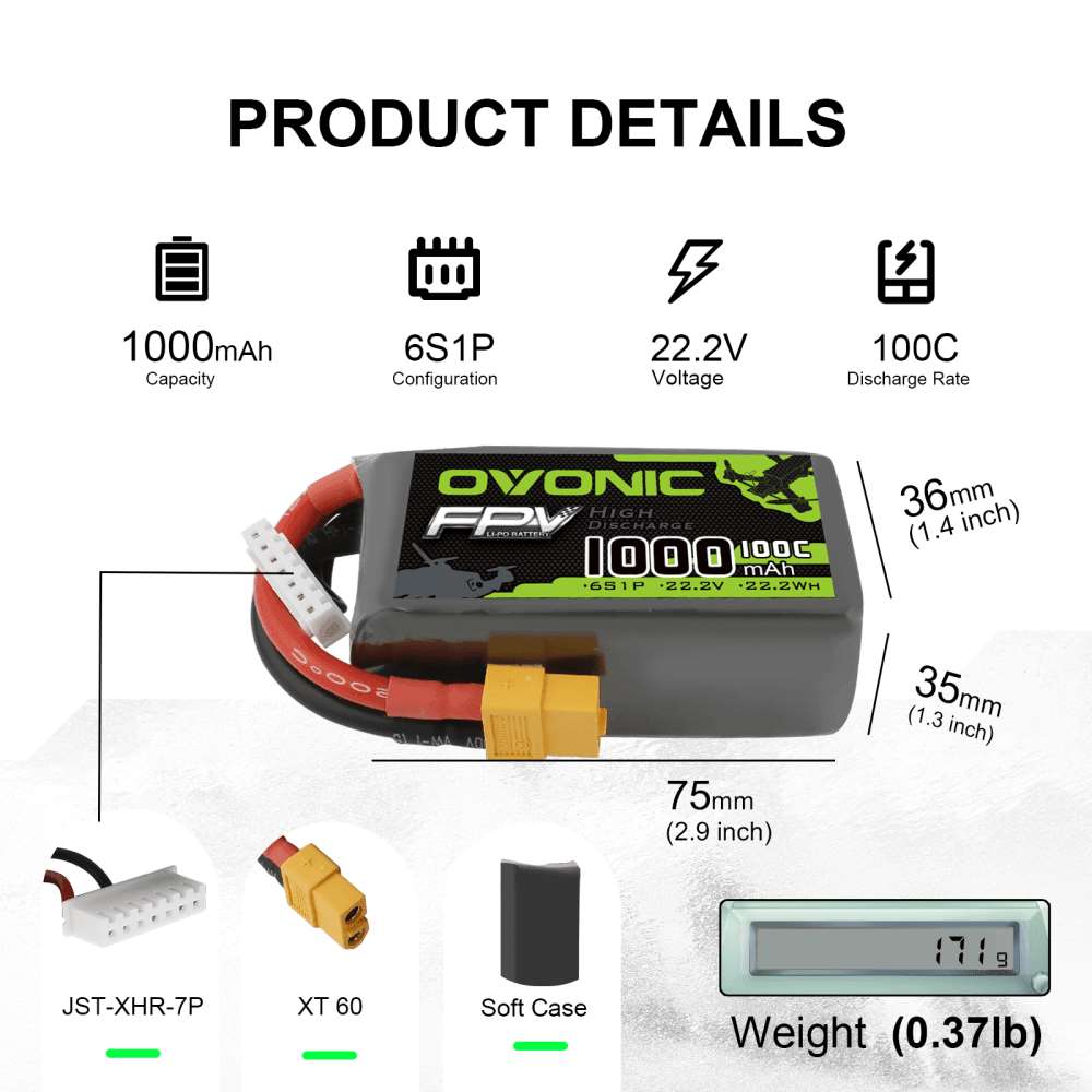 2×OVONIC 22.2V 100C 6S 1000mAh LiPo Battery Pack with XT60 Plug for FPV Drones, RC Cars, and Freestyle Flying - High Performance Rechargeable Drone Battery for Long Flight Time