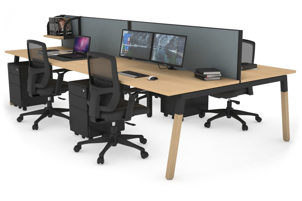 Quadro A Legs 4-Person Office Workstation with Wood Legs & Cross Beam - 1400L x 800W Dimensions, Cable Management Scallop | Perfect for Collaborative Workspaces & Modern Offices