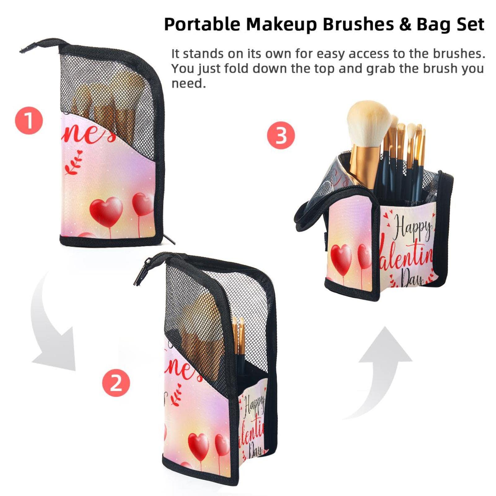 12-Piece Makeup Brush Organizer Bag with Valentine's Card Design - Portable Cosmetic Brush Holder Case with Red Heart for Travel, Home & Professional Makeup Storage