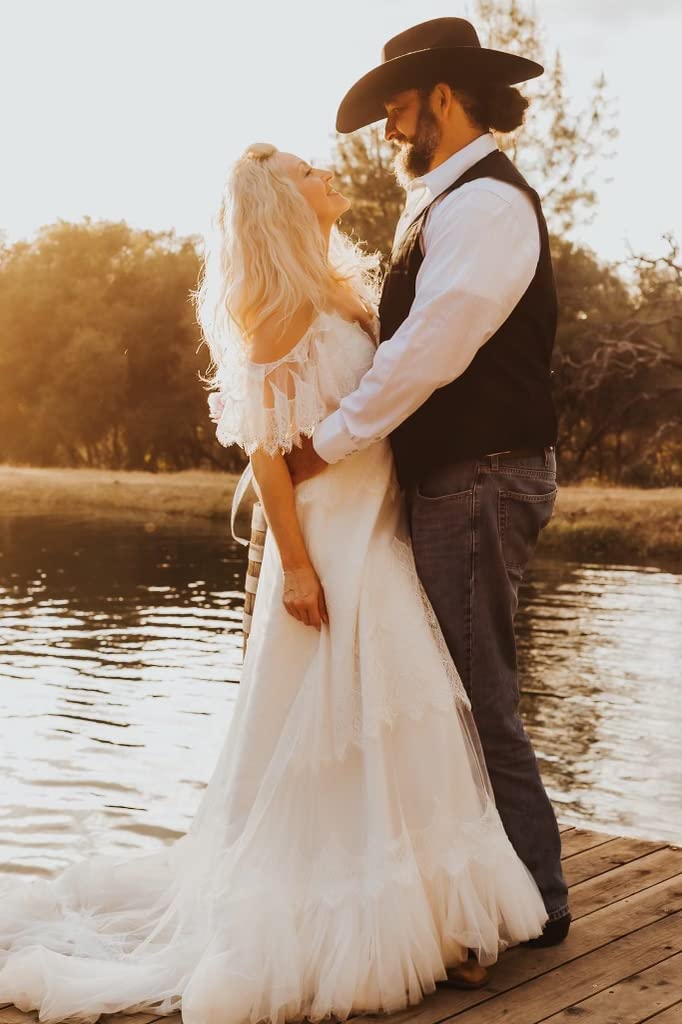 Elegant Women's Wedding Dresses with Lace & V-Neck - Boho Ruffle Sleeve Beach Wedding Gowns for Outdoor & Destination Ceremonies | Perfect for Beach, Garden & Boho Chic Weddings