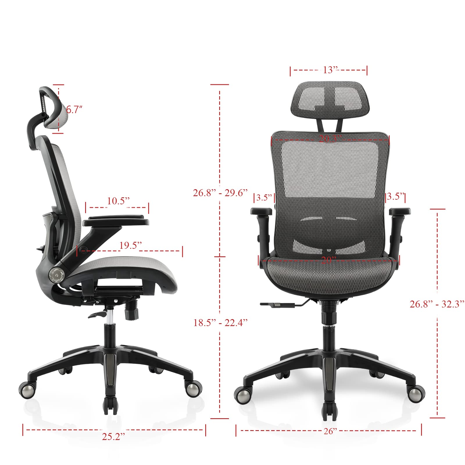 Ergonomic Mesh Office Chair with High Back, 3D Adjustable Armrests, Lumbar Support & Headrest - Grey - Perfect for Home Office, Gaming & Computer Workstations