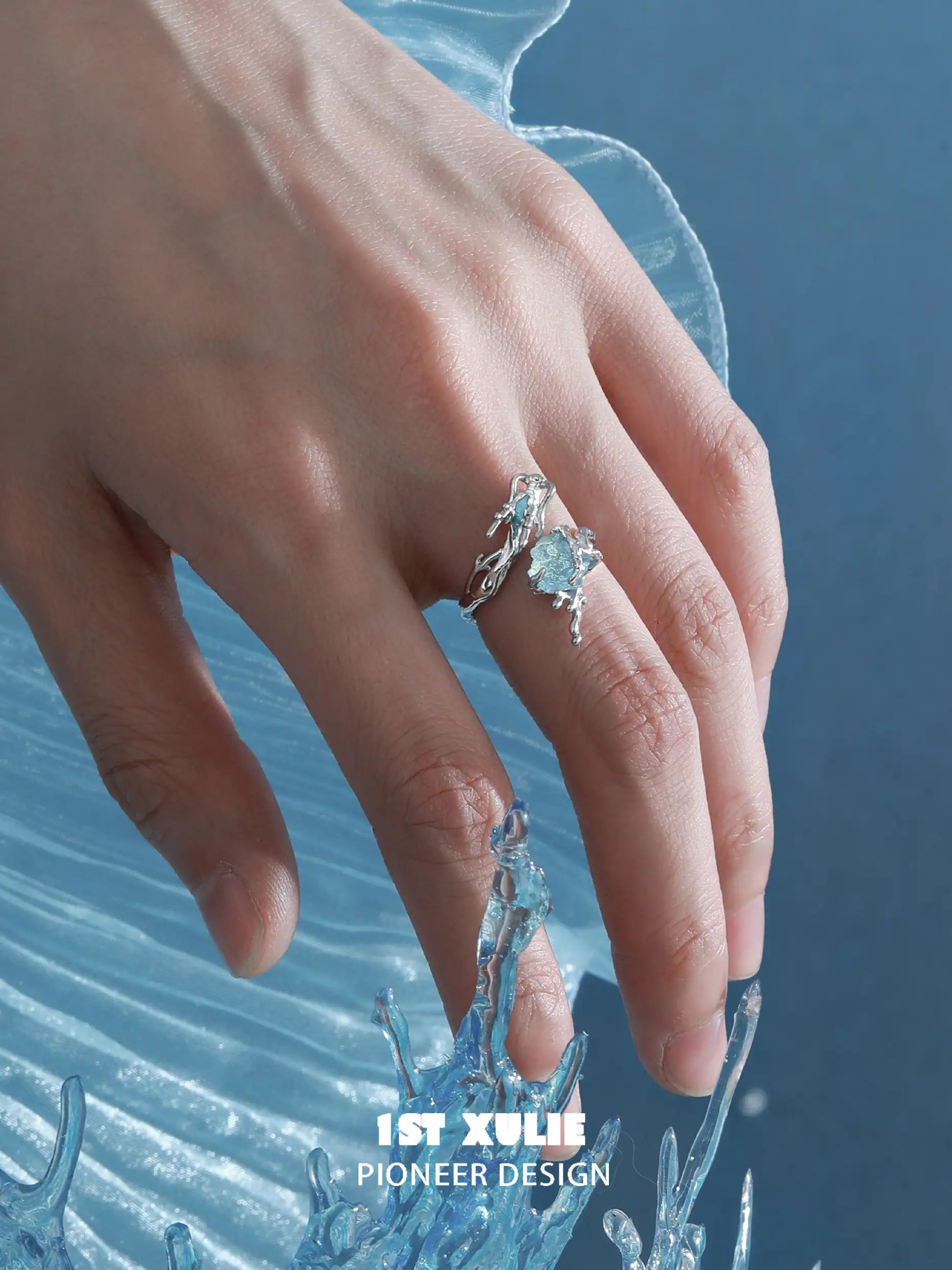 Loong Ling Loong Aquamarine S925 Sterling Silver Adjustable Open Ring for Women - Elegant Stackable Boho Jewelry Gift for Birthday, Anniversary & Everyday Wear