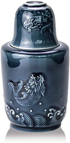 Premium Japanese Sake Set - 2-Piece Traditional Chinese Fish Jumping Dragon Porcelain Gift Set (Wine Jug & Cup) for Hot/Cold Sake Serving - Perfect for Home Entertaining, Asian-Themed Parties & Cultural Gift Giving - Model G07020