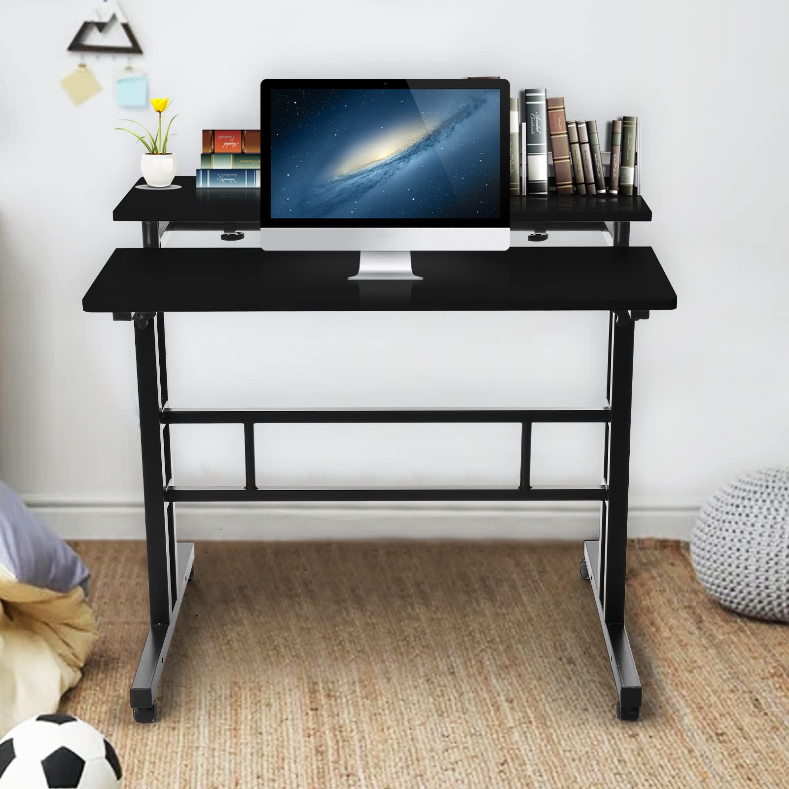 Kenxen Adjustable Mobile Standing Desk - Portable Laptop Table for Sofa, Bed & Home Office - Height Adjustable Rolling Computer Cart Workstation with Wheels (Black) | Perfect for Remote Work, Gaming & Study Sessions