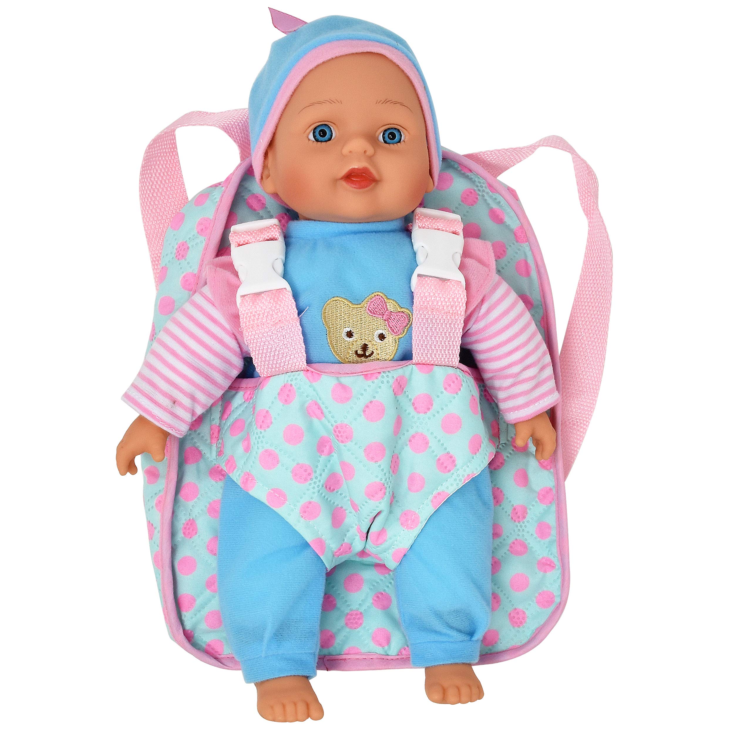 13-inch Soft Baby Doll with Pink Backpack Carrier - Fits Accessories & Clothes - Perfect for Pretend Play, Travel & Gifts for Toddlers
