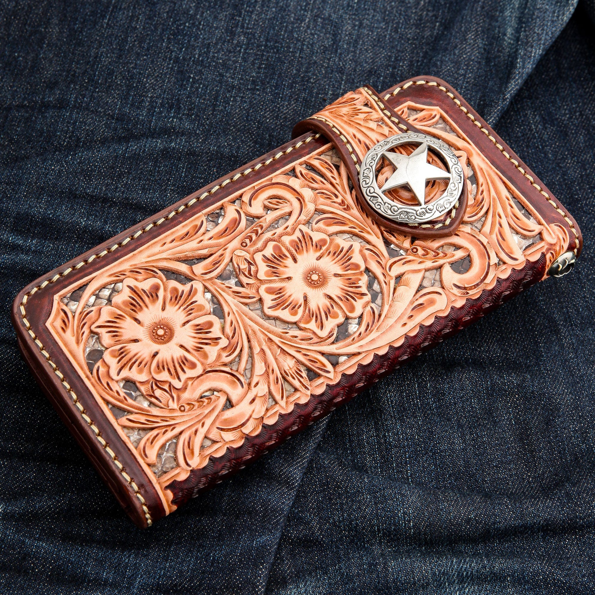 Genuine Leather Western Cowboy Biker Wallet with Brown Floral Star Design - Perfect for Riders, Bikers, and Western Fashion Enthusiasts