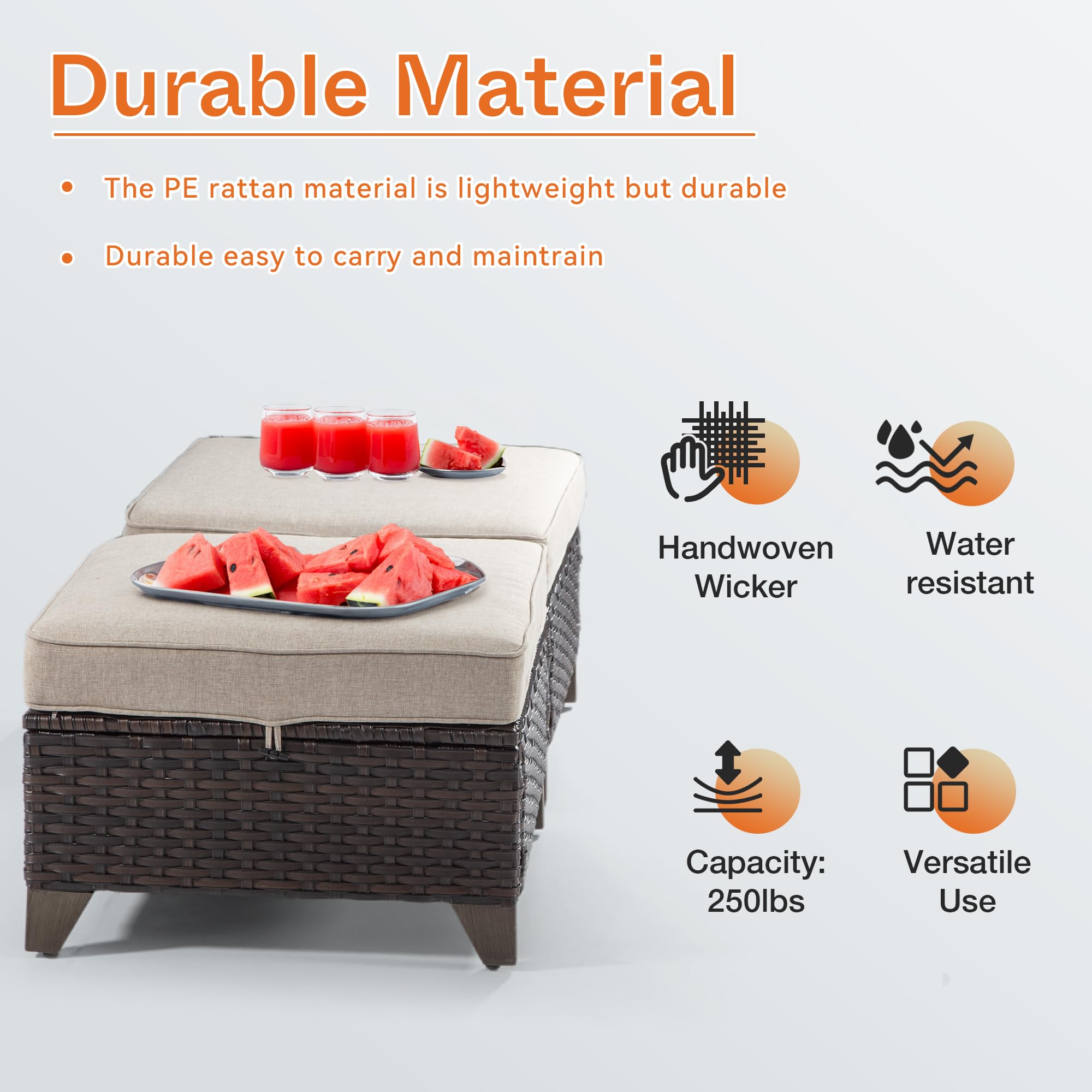 All-Weather Outdoor Rattan Ottoman Set of 2 - Waterproof Patio Footstools with Removable Cushions for Garden, Backyard, Porch (Brown/Beige) - Perfect for Poolside Lounging, Outdoor Entertaining & Relaxation