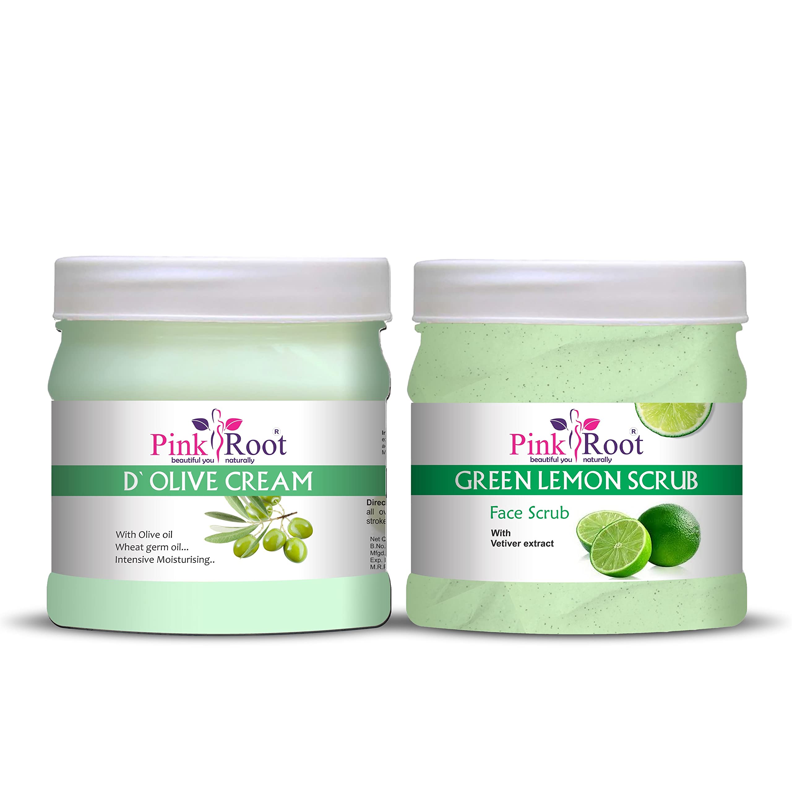 Organic Pink Root D Olive Cream & Green Lemon Scrub Set - 500gm Each - Natural Skin Brightening & Exfoliating Treatment for Face & Body - Perfect for Spa Day & At-Home Skincare Routine