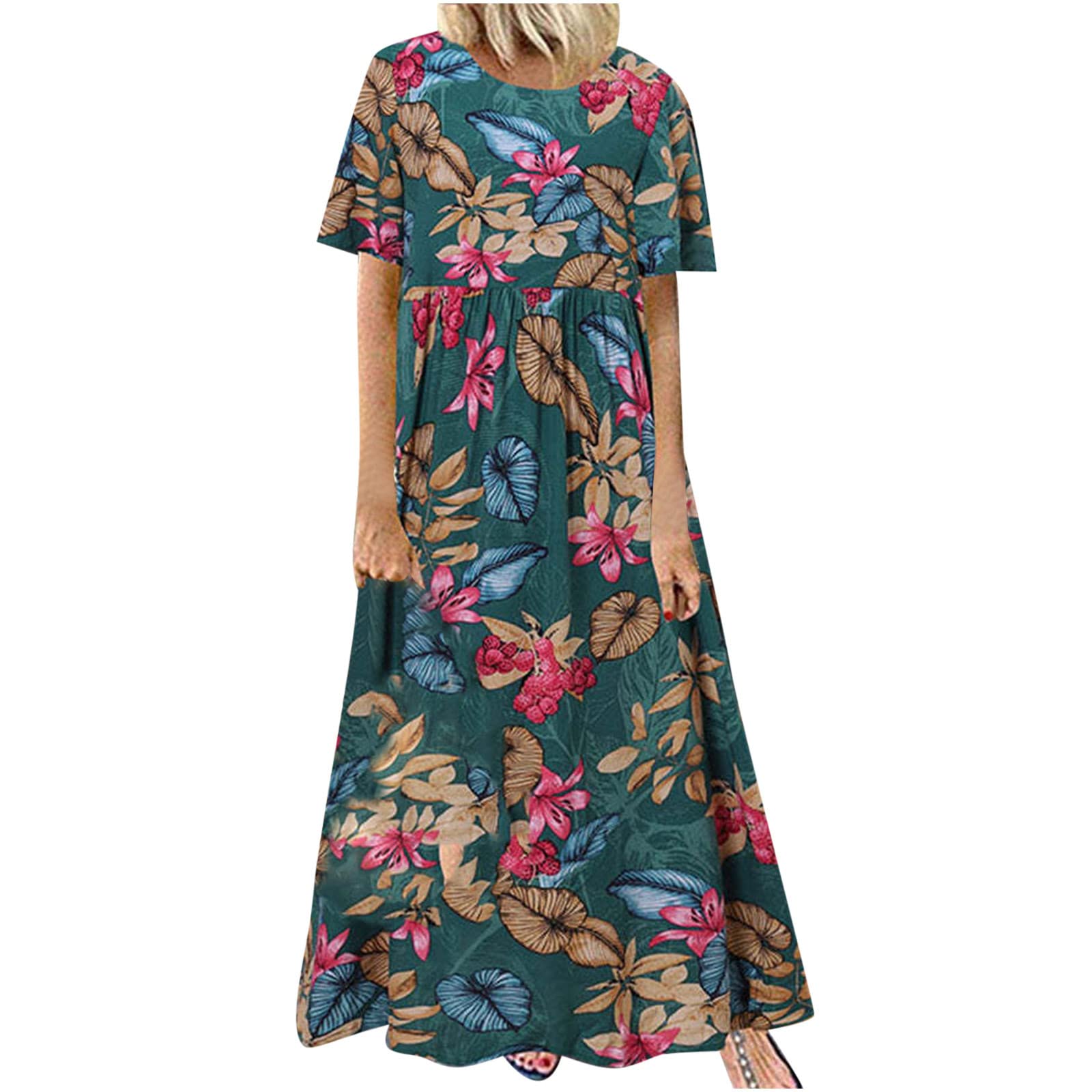 Maxi Long Dress for Women - Floral Kaftan Short Sleeve Oversized Summer Dress with Pockets | Casual Loose Beach Wear for Vacation, Poolside & Boho Outfits