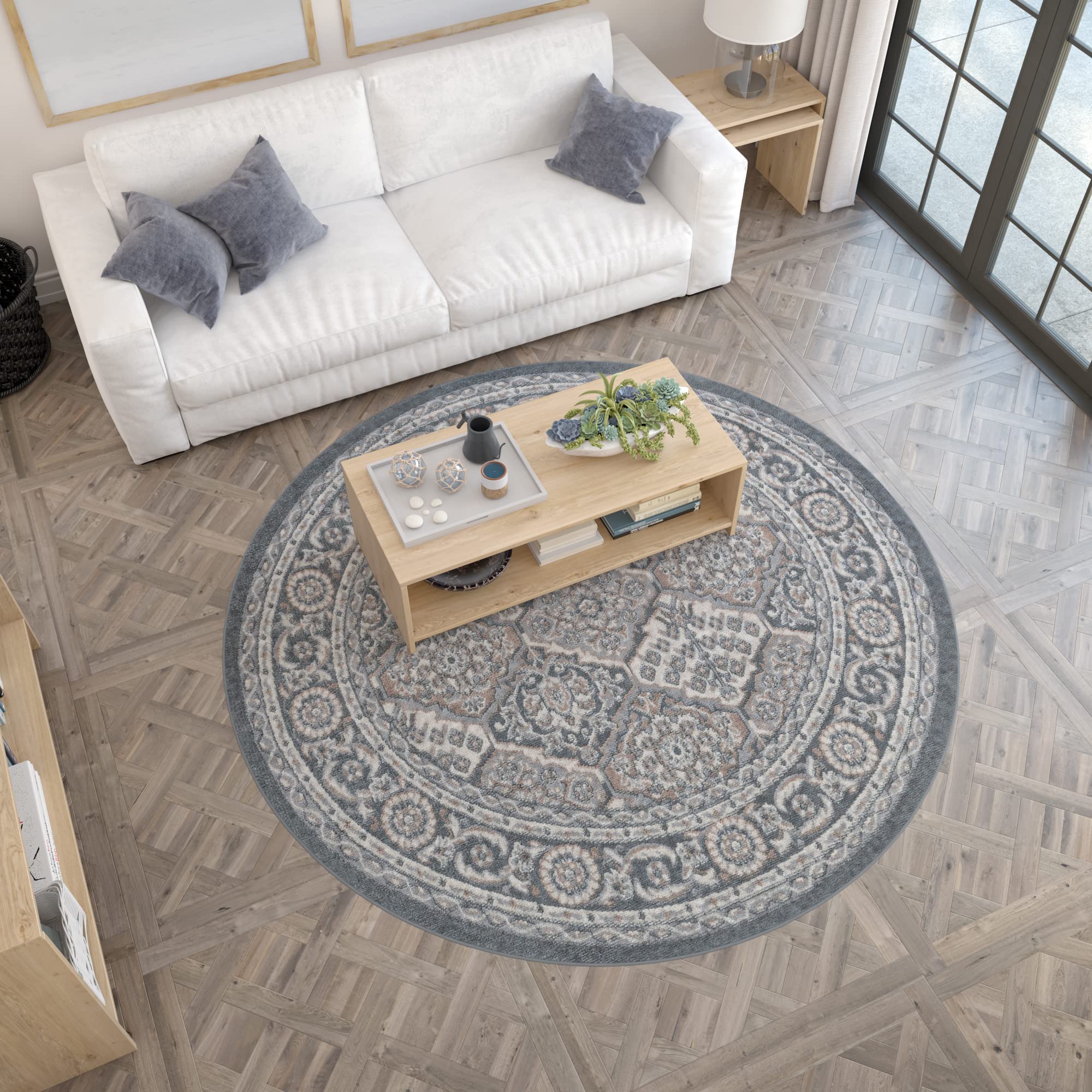Tayse Oxnard Gray 8 Foot Round Area Rug - Traditional Oriental Design for Living Room, Bedroom & Dining Room - Soft Plush 7'10