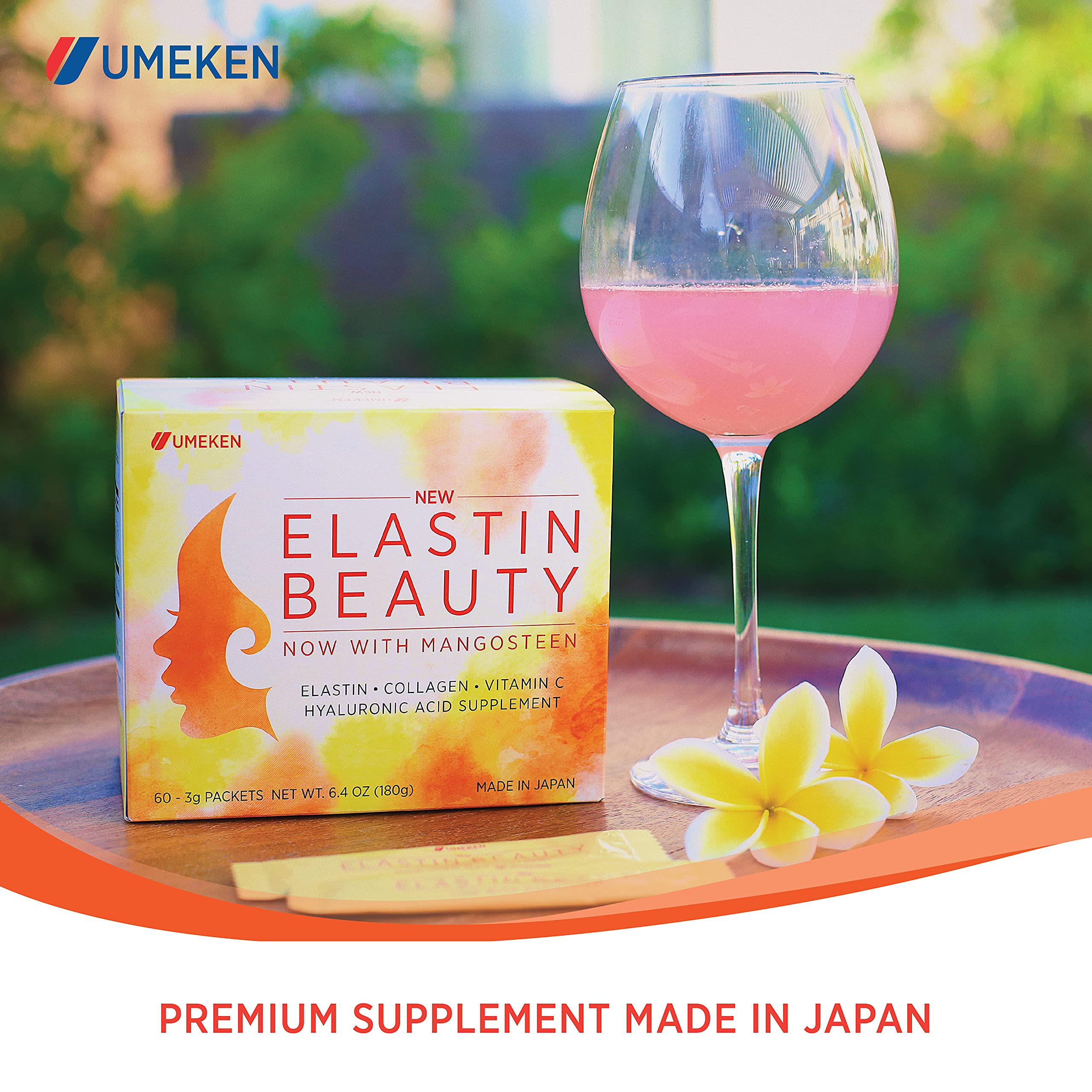 Umeken Elastin Beauty Powder Supplement with Collagen Peptides & Hyaluronic Acid - Vitamin C & Mangosteen Fruit for Women's Health - 60 Packets (1 Month Supply) - Skin Hydration & Anti-Aging Support for Daily Beauty Routine