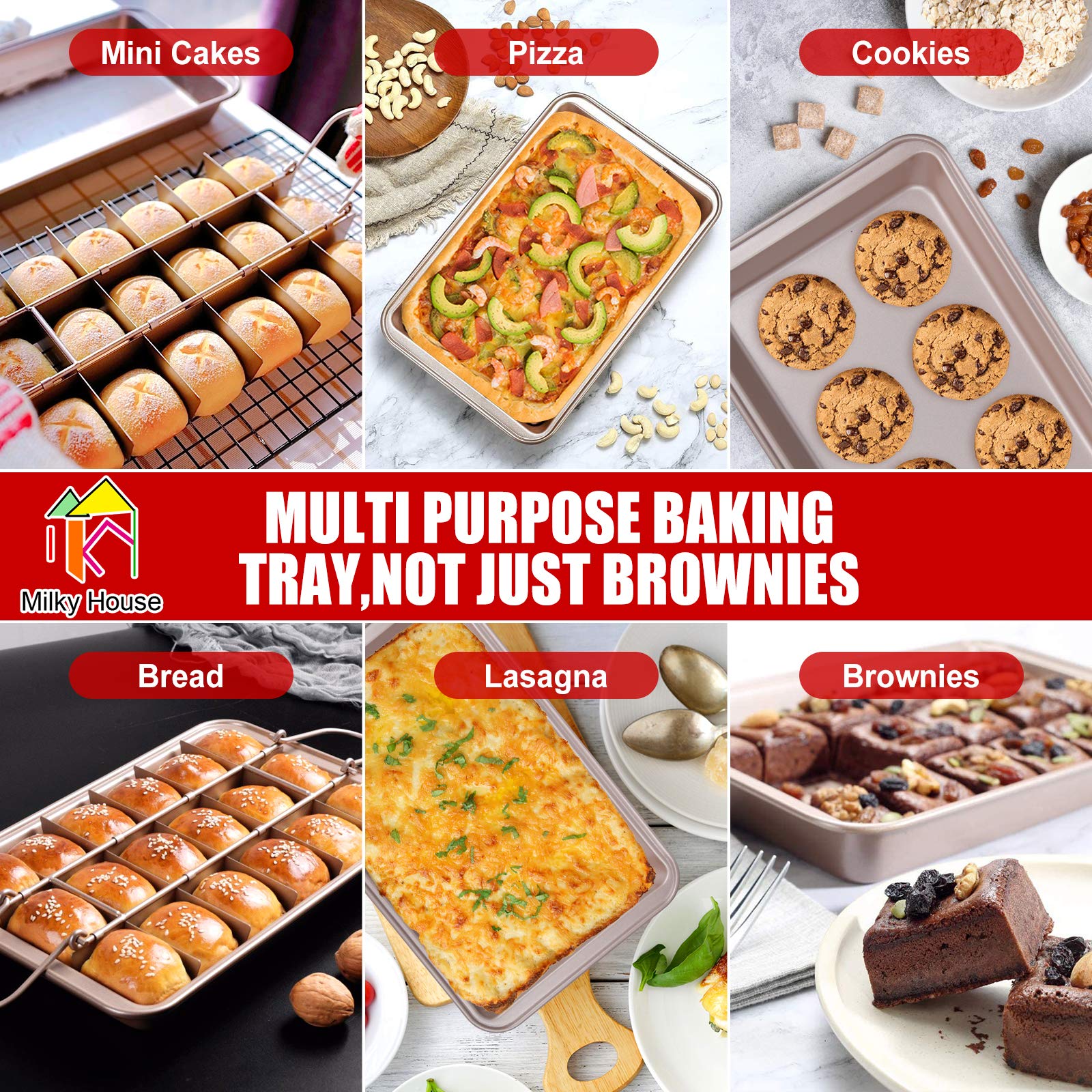 Non-Stick Brownie Baking Pan with Dividers & Slicers - 12x8 Inch Rectangular Oven Safe Baking Tray with 18 Pre-Cut Molds for Perfect Brownies, Cakes & Bread - Ideal for Home Baking, Parties & Gifts - Dishwasher Safe