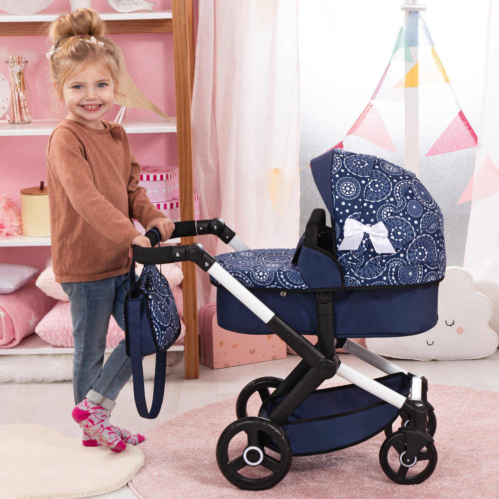 Bayer Design Xeo Pram Doll Stroller - Blue & White Circle Pattern for 18