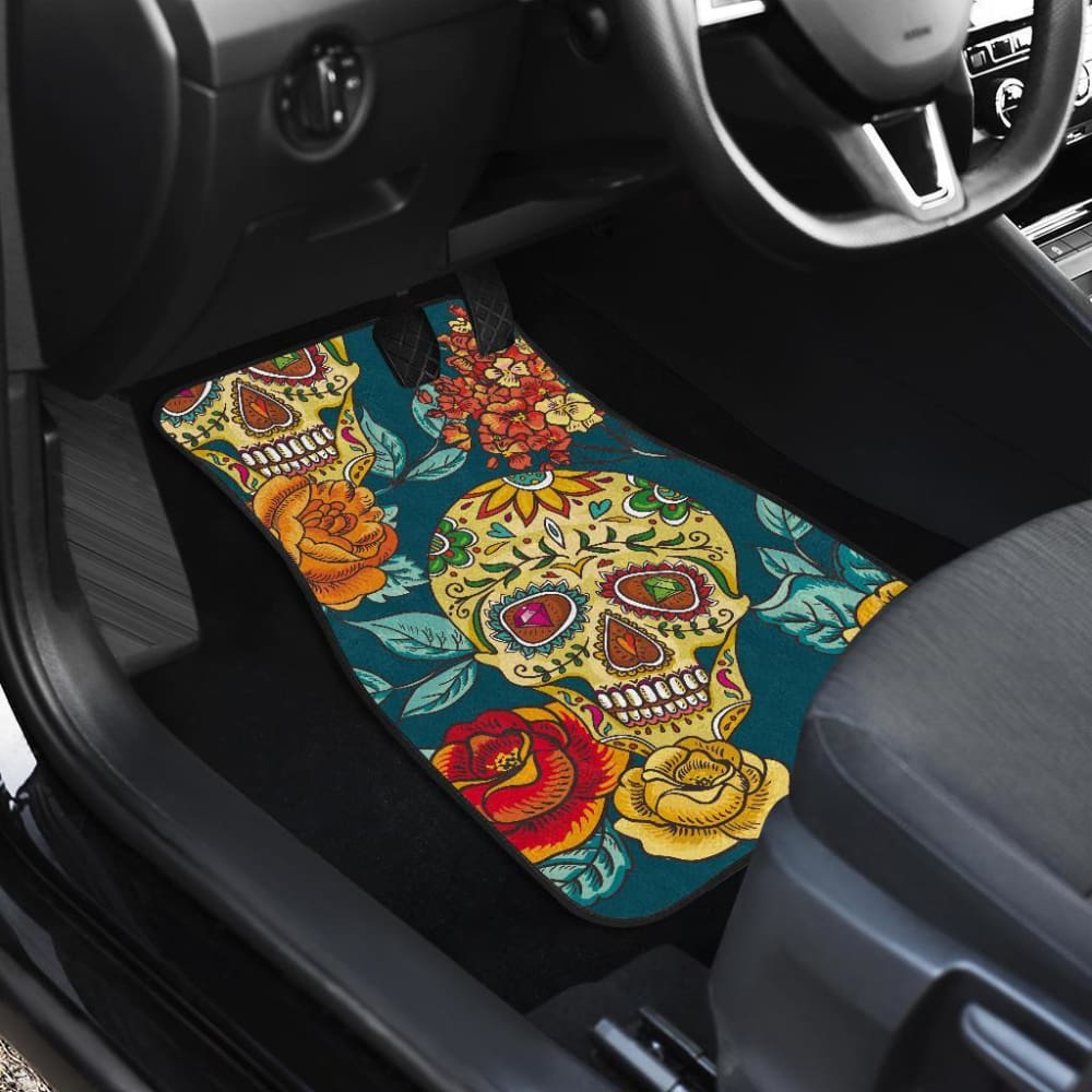 2 Pcs Day of The Dead Sugar Skulls Car Mats - Colorful Mexican Style Floor Mats for Halloween, Dia de Los Muertos - Perfect for Cars, Trucks, and SUVs