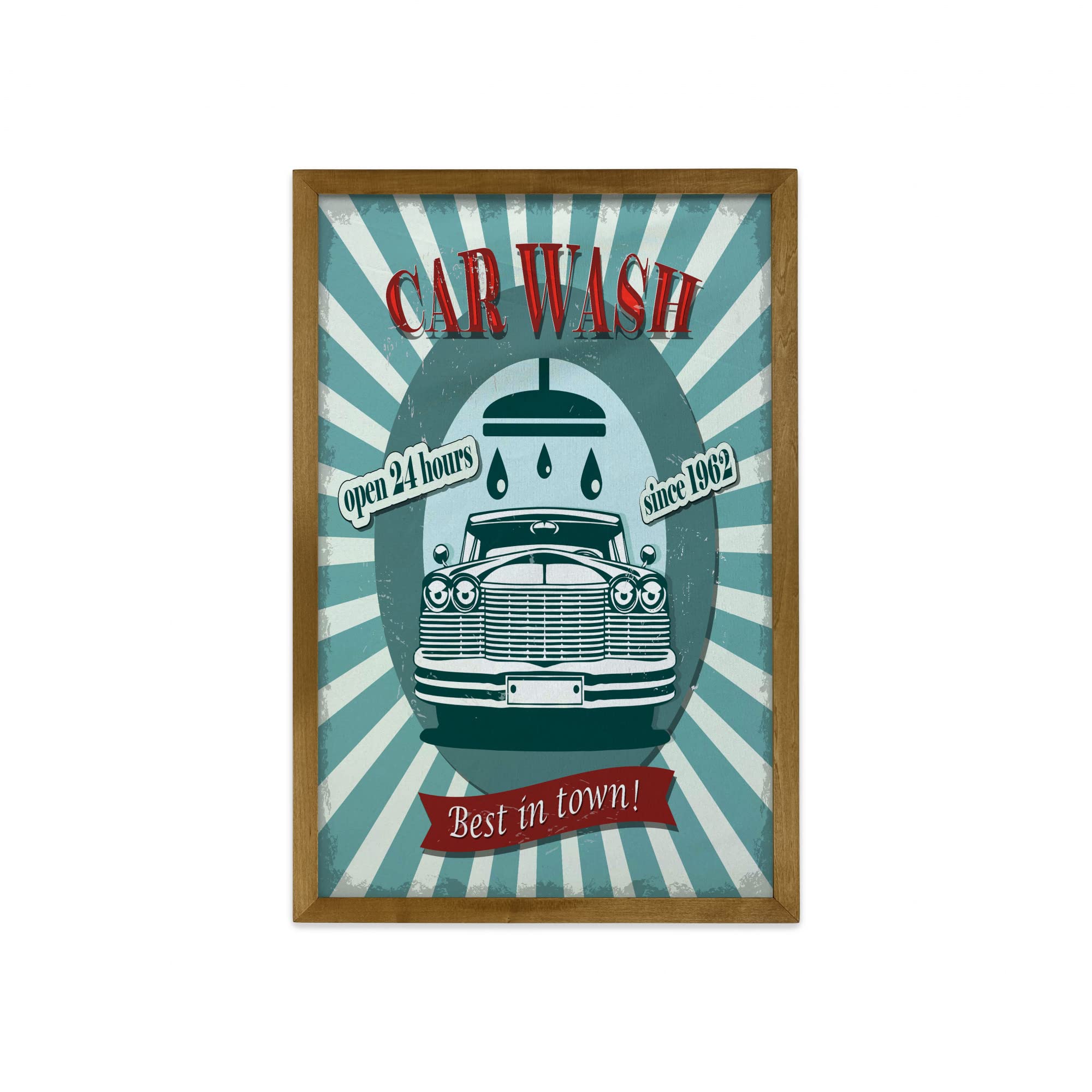 Ambesonne Retro Framed Wall Art - Vintage Car Wash Sign Design with Walnut Wood Frame, 23