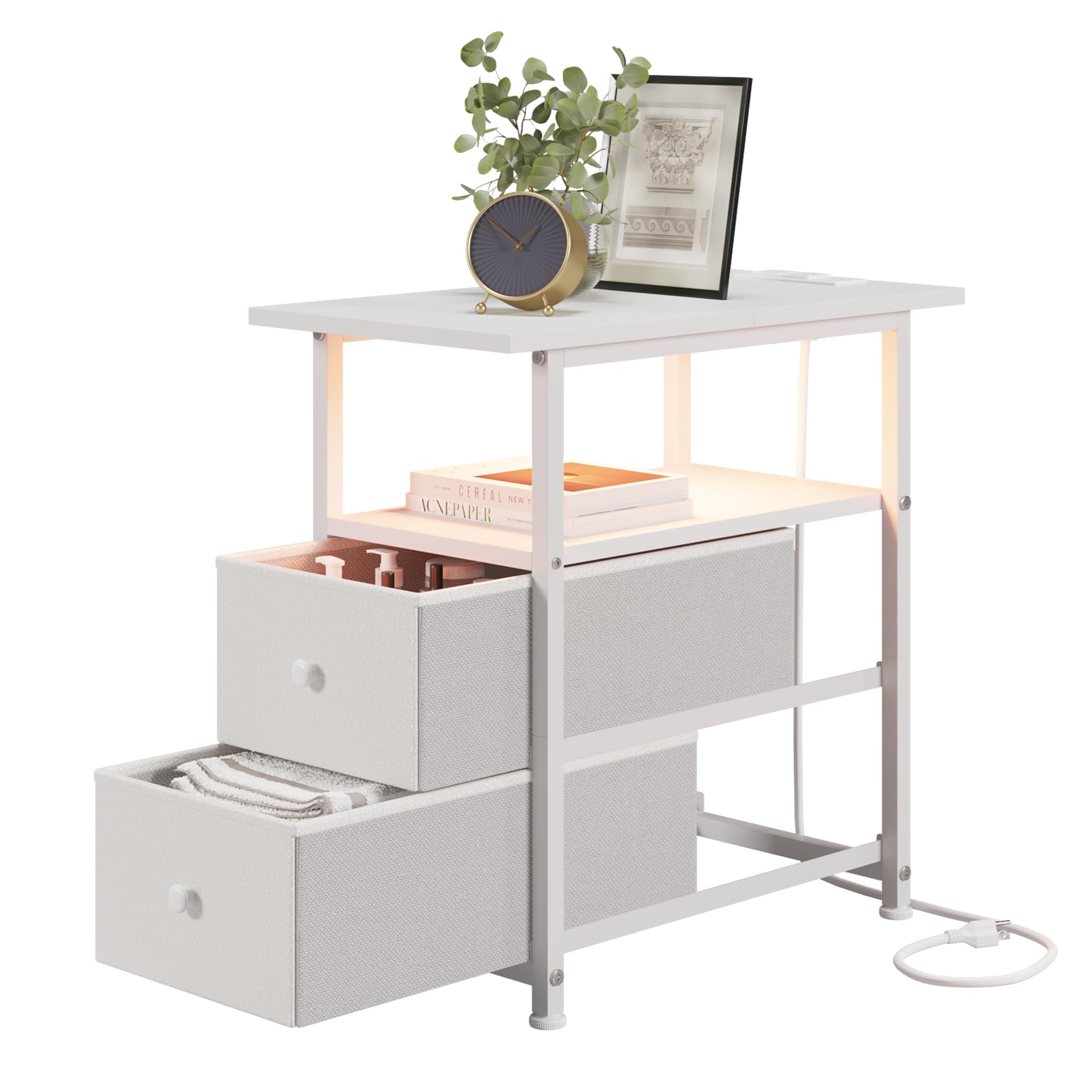 LUMTOK Modern End Table with Drawers & Charging Station - Narrow Small Nightstand with Built-in Power Strip & LED Light for Bedroom, Living Room - White Side Table for Home Decor & Convenient Charging