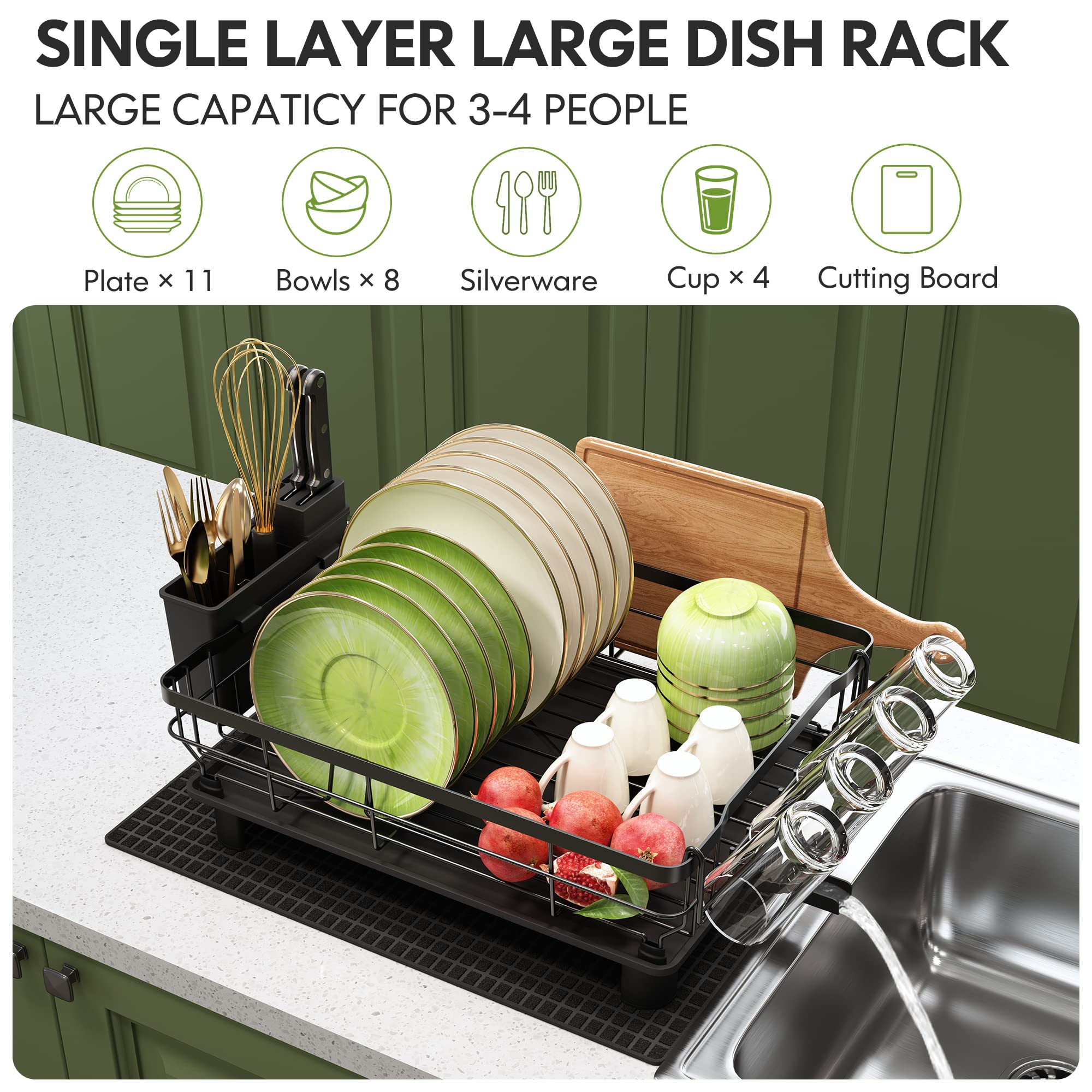 Stainless Steel Dish Drying Rack with Drainboard - Kitchen Counter Organizer with Cutlery Holder, Cup Holder & Cutting Board Storage | Space-Saving Dish Drainer for Small Kitchens | Perfect for Drying Dishes, Utensils & Cutting Boards After Washing