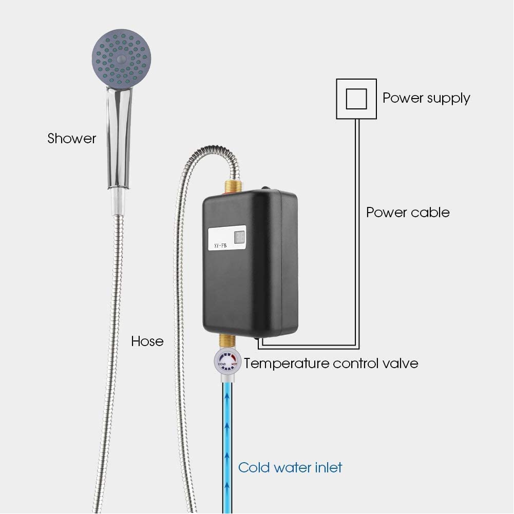 Krisy 110V 3000W Mini Electric Tankless Water Heater - Instant Hot Water for Bathroom, Kitchen & Washing - Energy Efficient, Compact Design with US Plug (Black) - Perfect for Small Homes, Apartments & RV Use