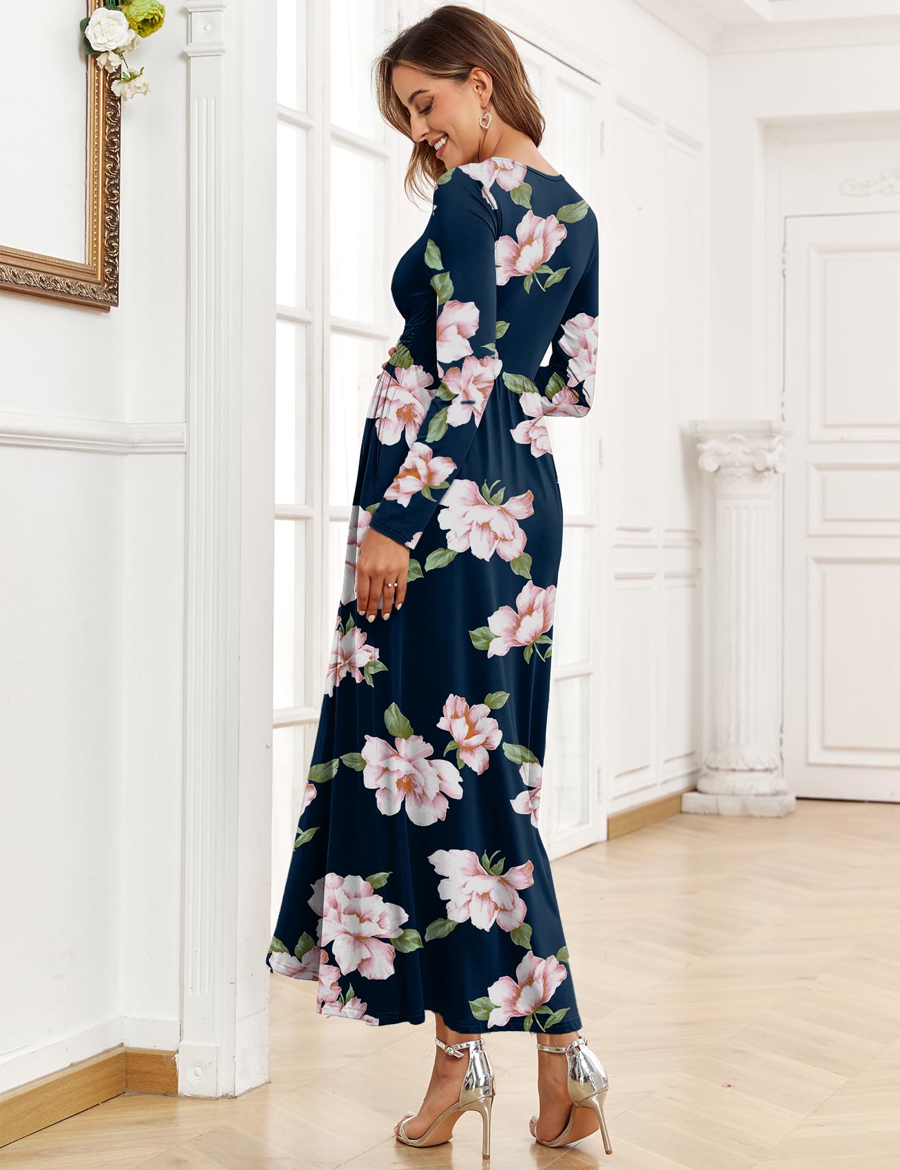 2025 Women's Maternity Maxi Dress - Long Sleeve Wrap V-Neck Pregnancy Dress with Pockets for Baby Shower, Photoshoot & Formal Occasions | Comfortable & Stylish Maternity Wear for Expecting Moms