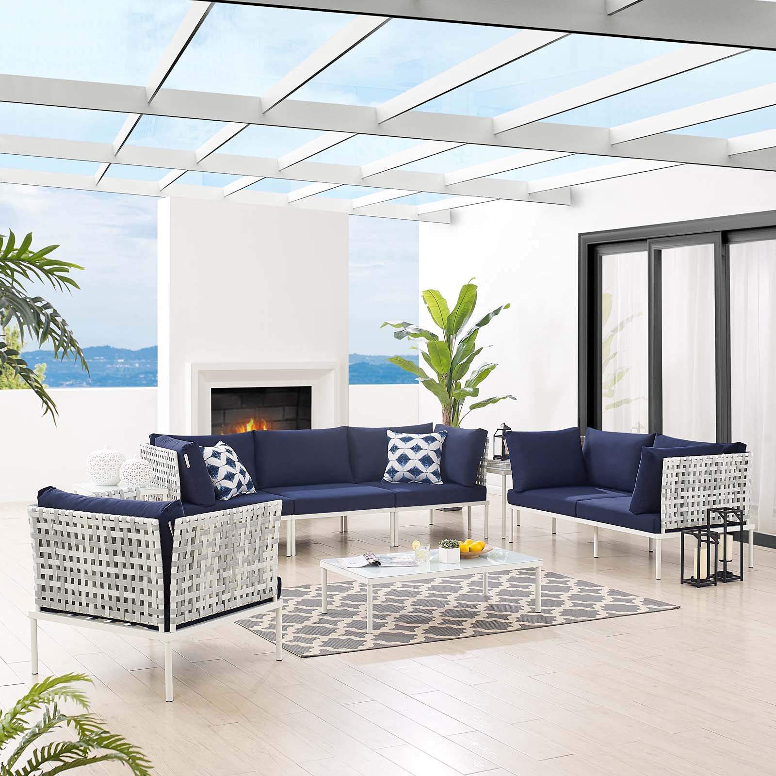 Modern Navy Blue Aluminum Lounge Sectional Sofa Chair & Table Set - Outdoor Patio Furniture for Garden, Poolside, Cafe & Backyard Relaxation