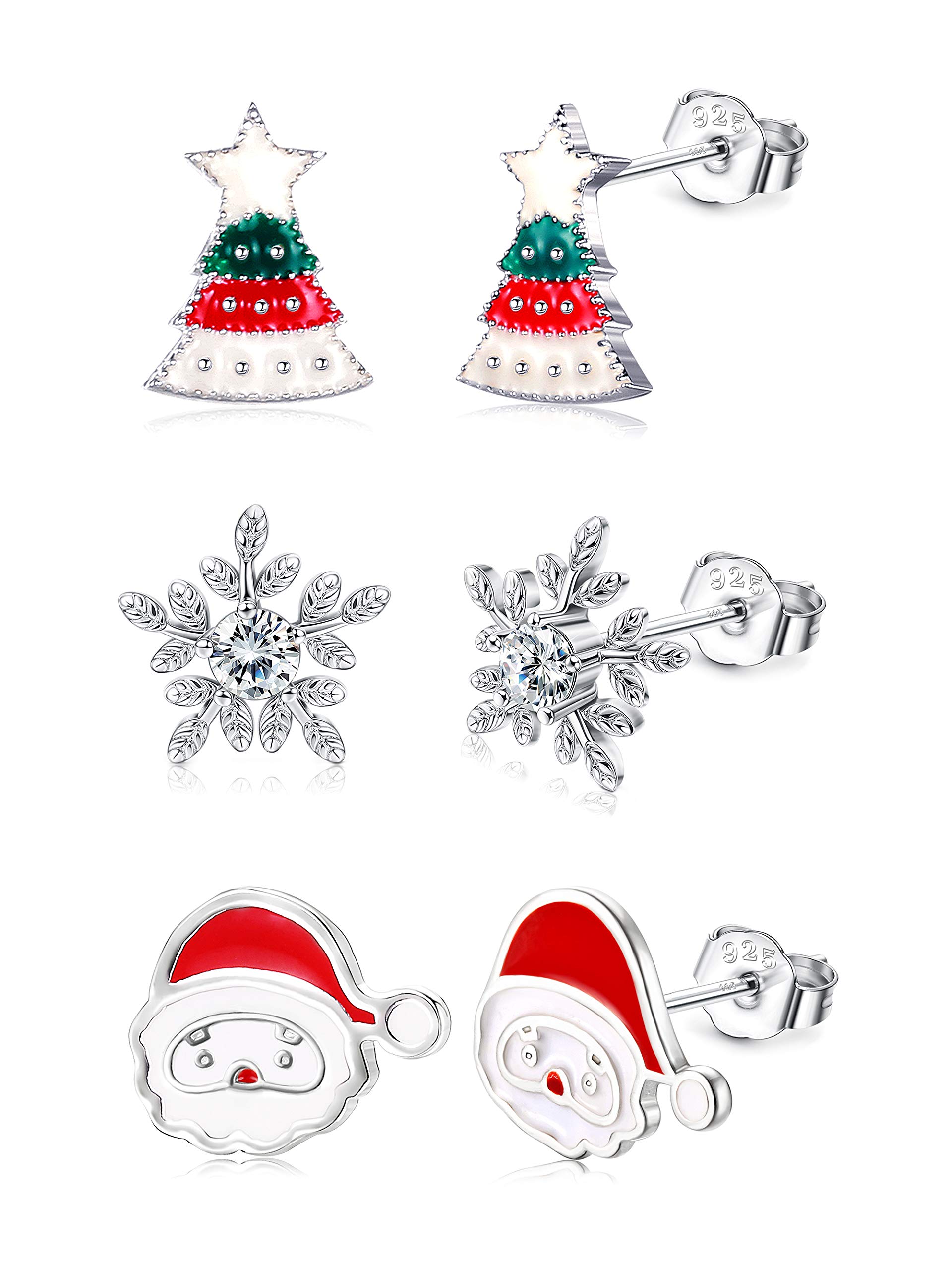 Fiasaso 3 Pairs 925 Sterling Silver Christmas Stud Earrings for Women - Hypoallergenic Snowman, Santa Claus, Christmas Tree & Snowflake Designs - Perfect Holiday Jewelry Gift for Christmas, Thanksgiving & Parties
