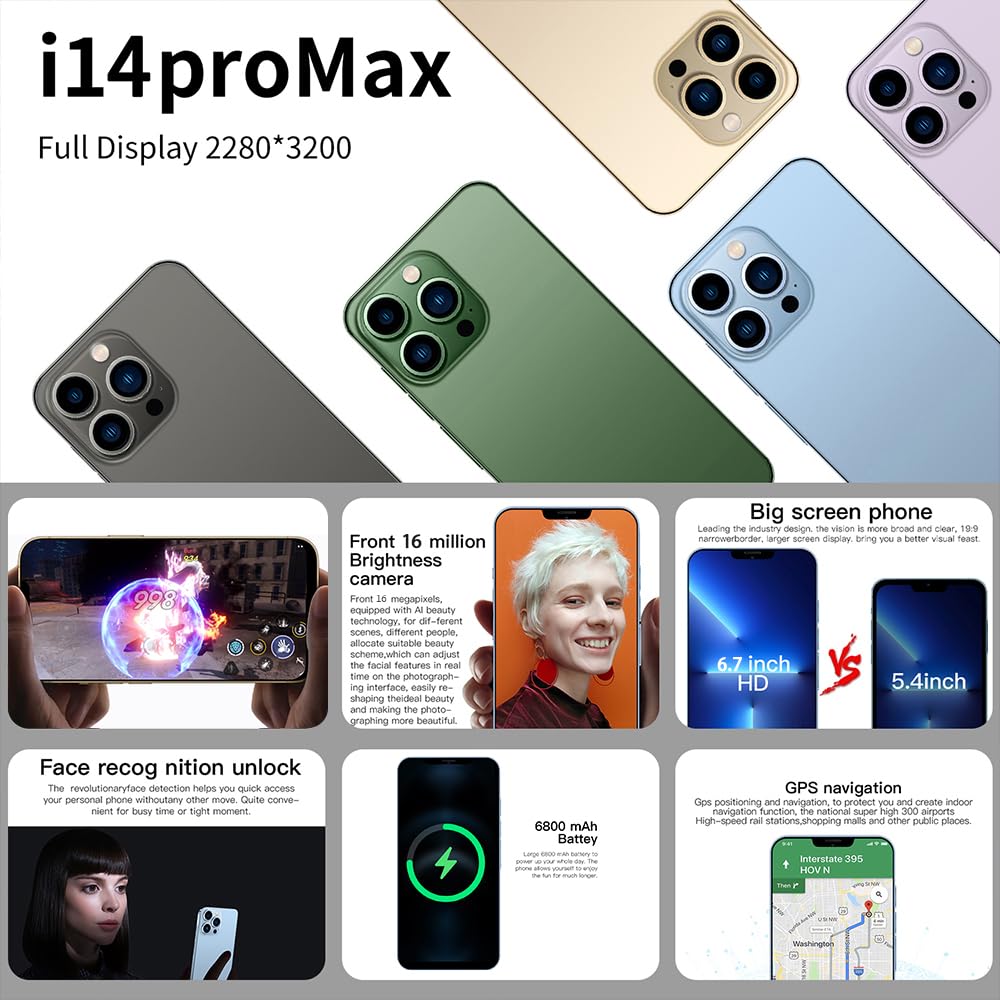 Unlocked 6.7-inch Smartphone IP14 Pro Max - 2+16GB HD Full Screen Android Phone with Dual SIM for Boost Mobile & Straight Talk | Perfect for Business, Travel & Daily Use