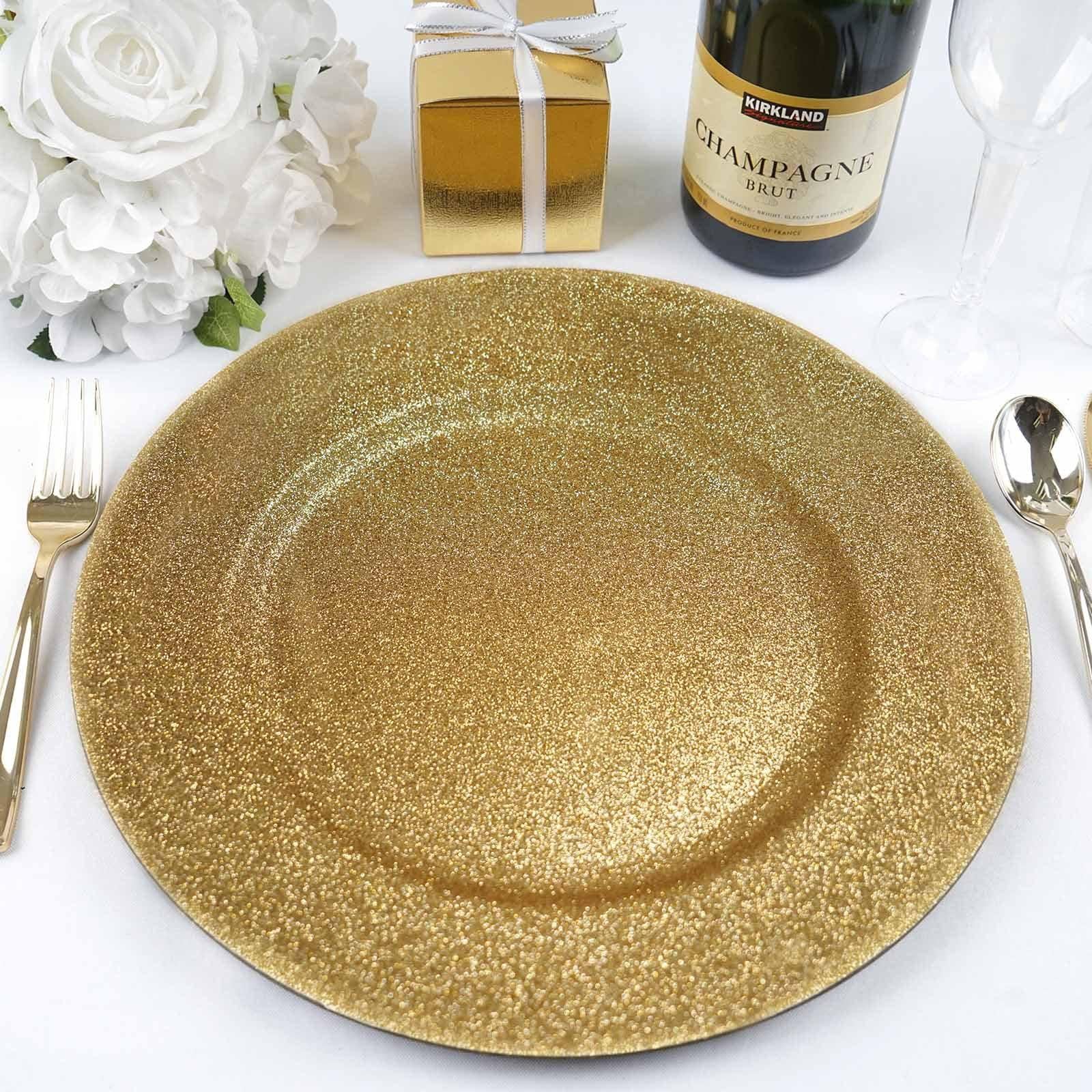 Efavormart 24 Pack 13 Inch Gold Glitter Acrylic Plastic Round Charger Plates for Wedding, Party, and Holiday Table Decorations