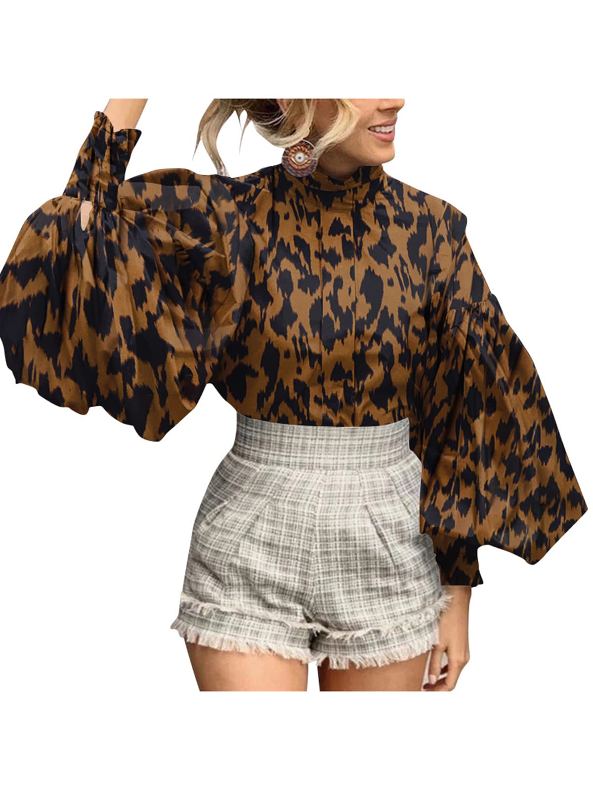 Celmia Women's Elegant Vintage Stand Collar Lantern Sleeve Blouse with Button Details & Pleated Design - Perfect for Office Work, Cocktail Parties & Formal Occasions