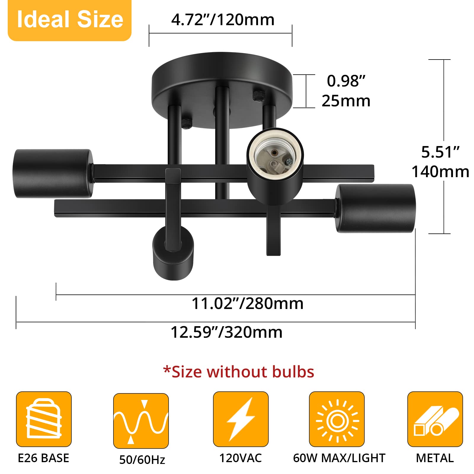 SunRider 2-Pack Industrial 4-Light Semi Flush Mount Ceiling Light Fixture, Matte Black Farmhouse Sputnik Chandelier - Modern Lighting for Kitchen, Hallway, Dining Room & Bedroom - Dimmable LED Compatible, Rustic Home Decor