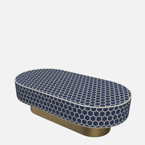 Handmade Bone Inlay Navy Blue Coffee Table with Brass Base - Stylish Modern Living Room Furniture for Home Decor & Interior Design